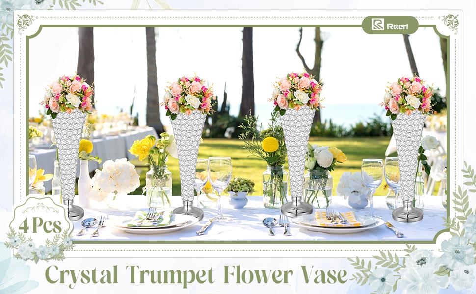 Rtteri 4 Pcs Crystal Trumpet Flower Vase 20 Inch Tall Wrought Iron Crystal Vase Flower Stand Centerpieces Wedding Table Vases Decor for Home Anniversary Ceremony Party Event Christmas (Silver)