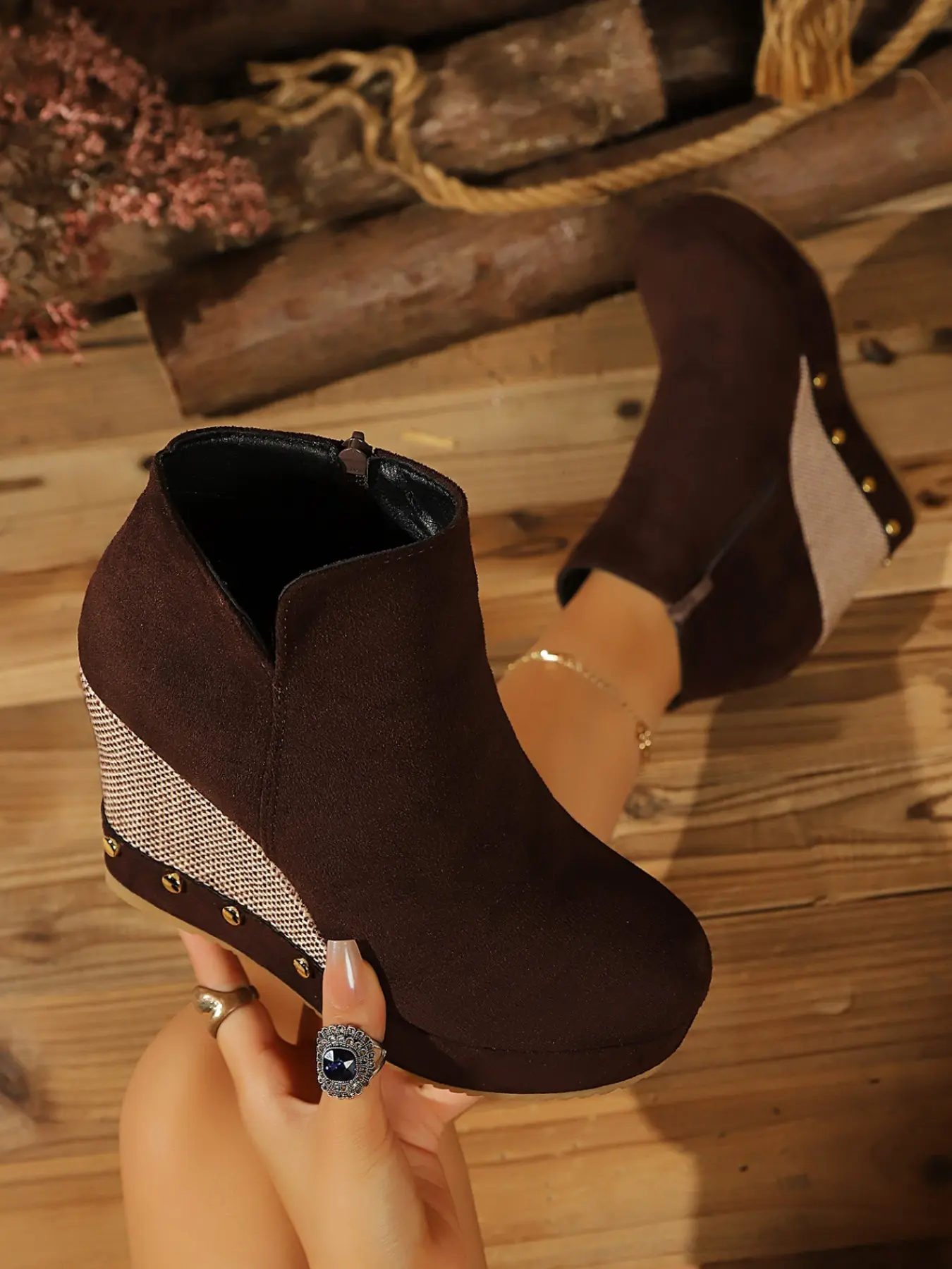 New Western Style Metal Rivet Braided Wedge Short Boots, Faux Fur Lining Comfortable Heeled Commuter Anklet Women's Shoes, Fashion Boots