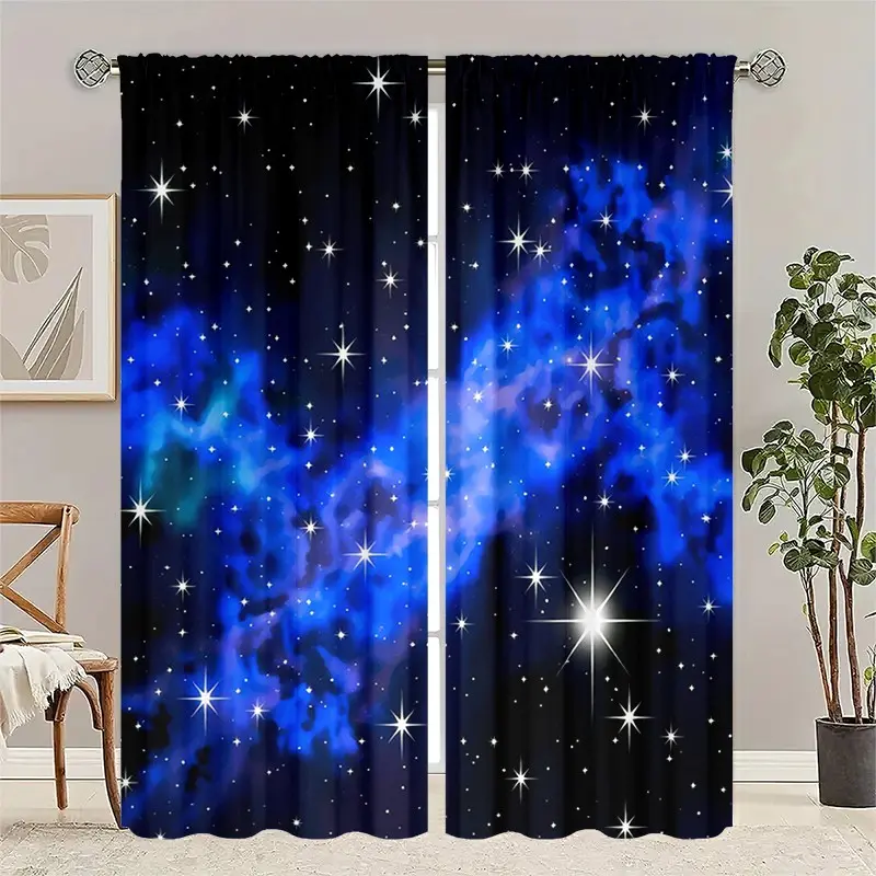 2 pieces of blue and purple starry sky patterned window curtains. They won't fade or bleed even after multiple washes. Suitable for boys' gaming rooms, children's starry sky-themed rooms, and home decoration in bedrooms and living rooms.