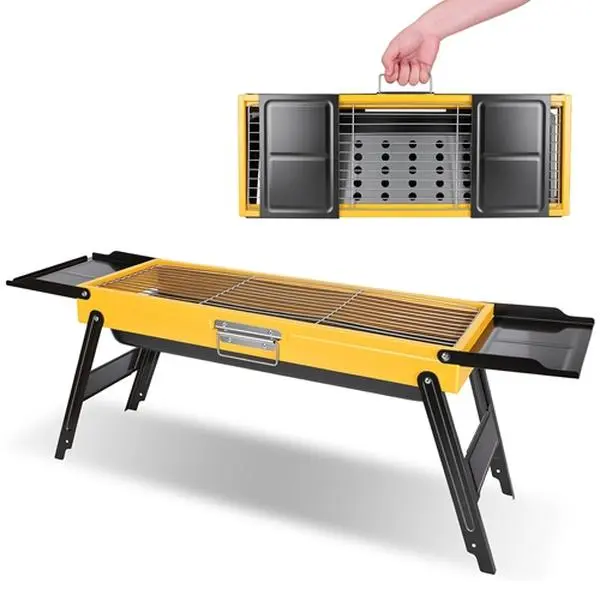 Portable Stainless Steel Charcoal BBQ Grill, Compact Foldable Lightweight Cookout Ready Stove with Removable Side Shelves for Beach Picnics, Campfire-BBQ Parties-5651