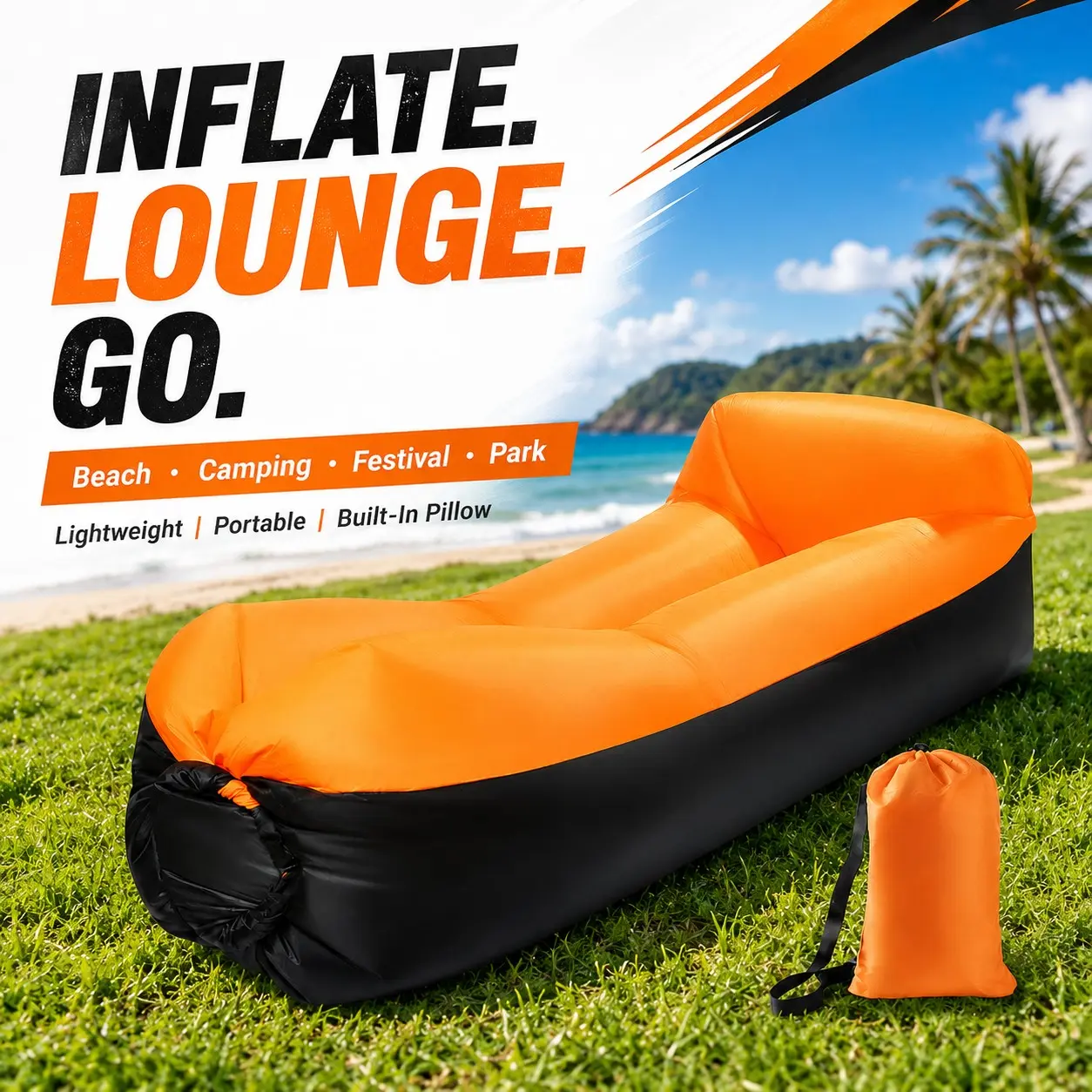 No Pump Inflatable Lounger Air Sofa with Pillow, Portable Camping Couch with Carry Bag, Ideal for Beach, Camping, Park & Festivals