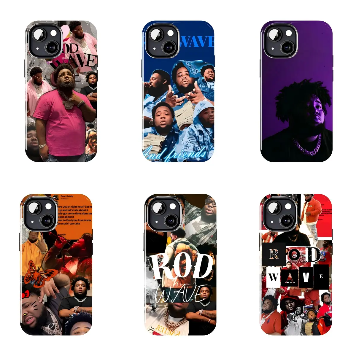 Rod Wave Phone Case — A blend of hip-hop aesthetics and artist fan-art collage, inspired by street-style Trap album art; features a slim, scratch-resistant design and is compatible with iPhone 11–17 Pro Max/Plus and Samsung Galaxy S23–S25 series models.
