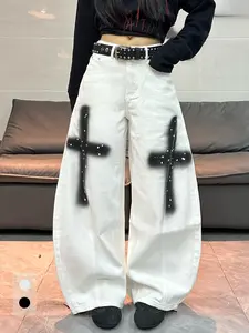 American Vintage Cross Spray Print Women's High Waist Jeans, Fashion Loose Straight Leg Pants, Distressed Washed Denim, Casual Wide Leg Long Pants