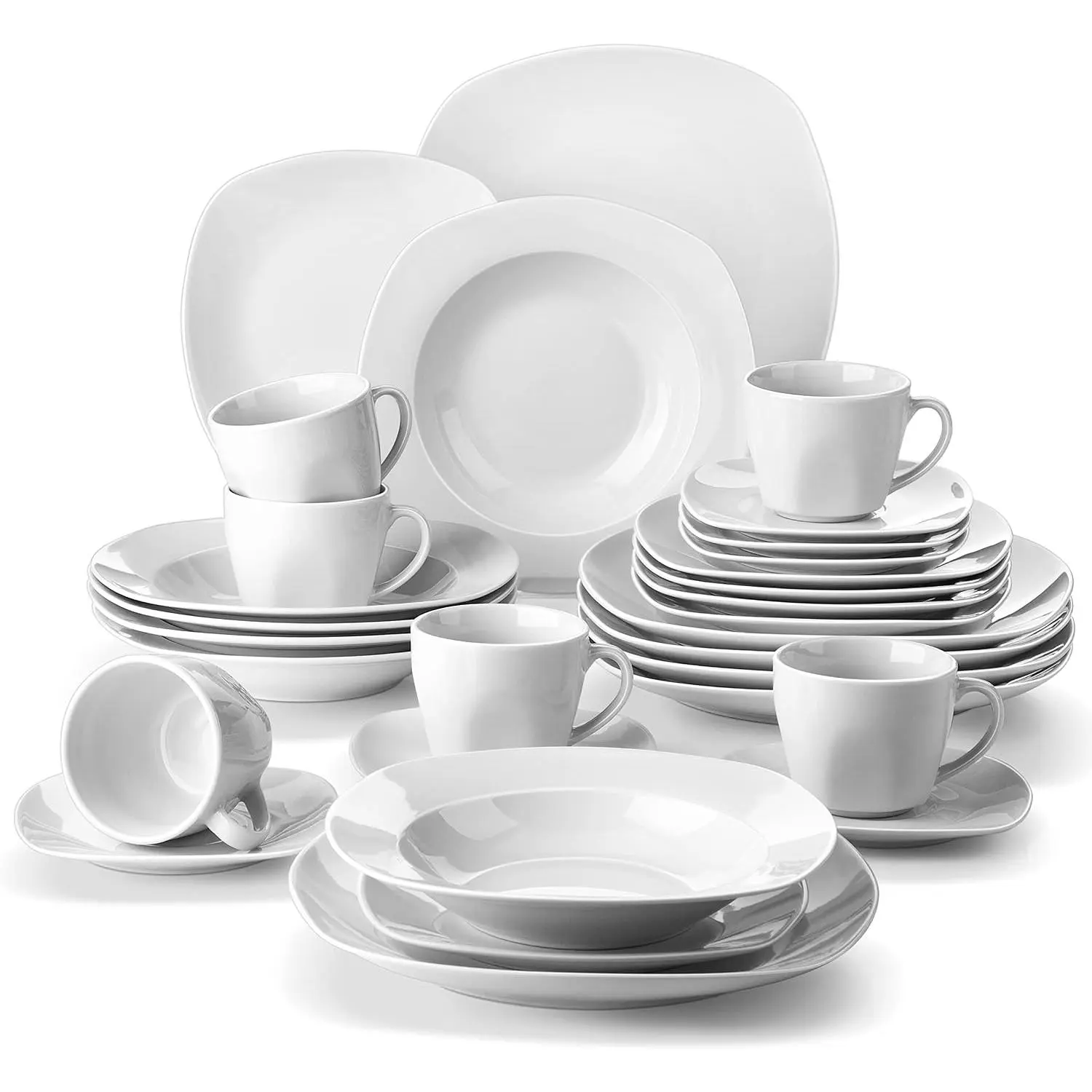 30 count Porcelain Dinnerware Set, Grey White Dish Set for 6, Square Ceramic Dishware Sets, Chip and Scratch Resistant Plates and Bowls Sets, Cups and Saucers, Series ELISA