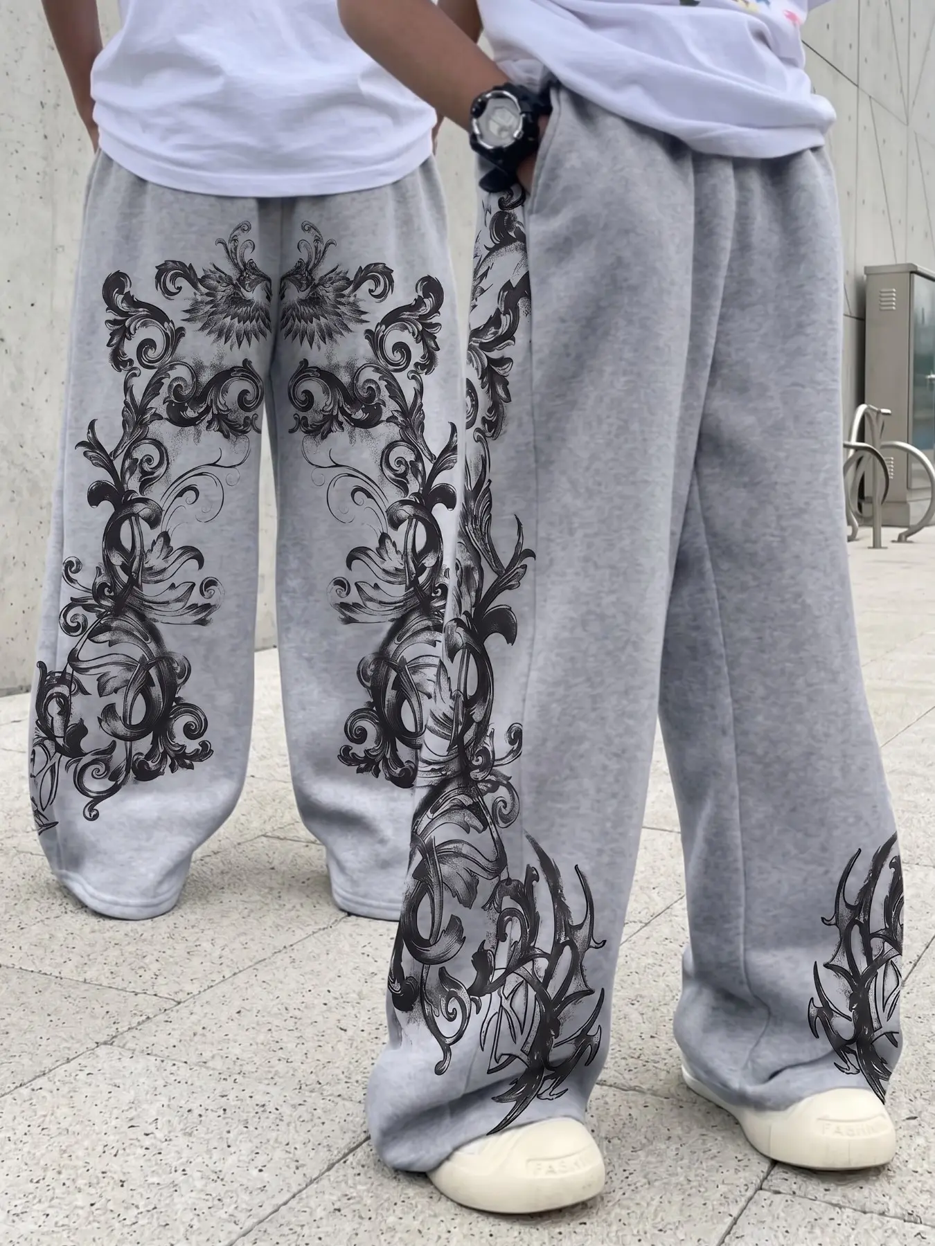 Polyester Fabric Men Elastic Drawstring Wide Leg Full Length Sweatpants, Gothic Phoenix Scroll Baroque Floral Print Casual Trousers, Gauchos Pants Smartypants, Pants Royal Ascot Outfits, Menswear Clothing, Ropa De Hombre, Uomo Mens Clothing, Dark Y2K Punk