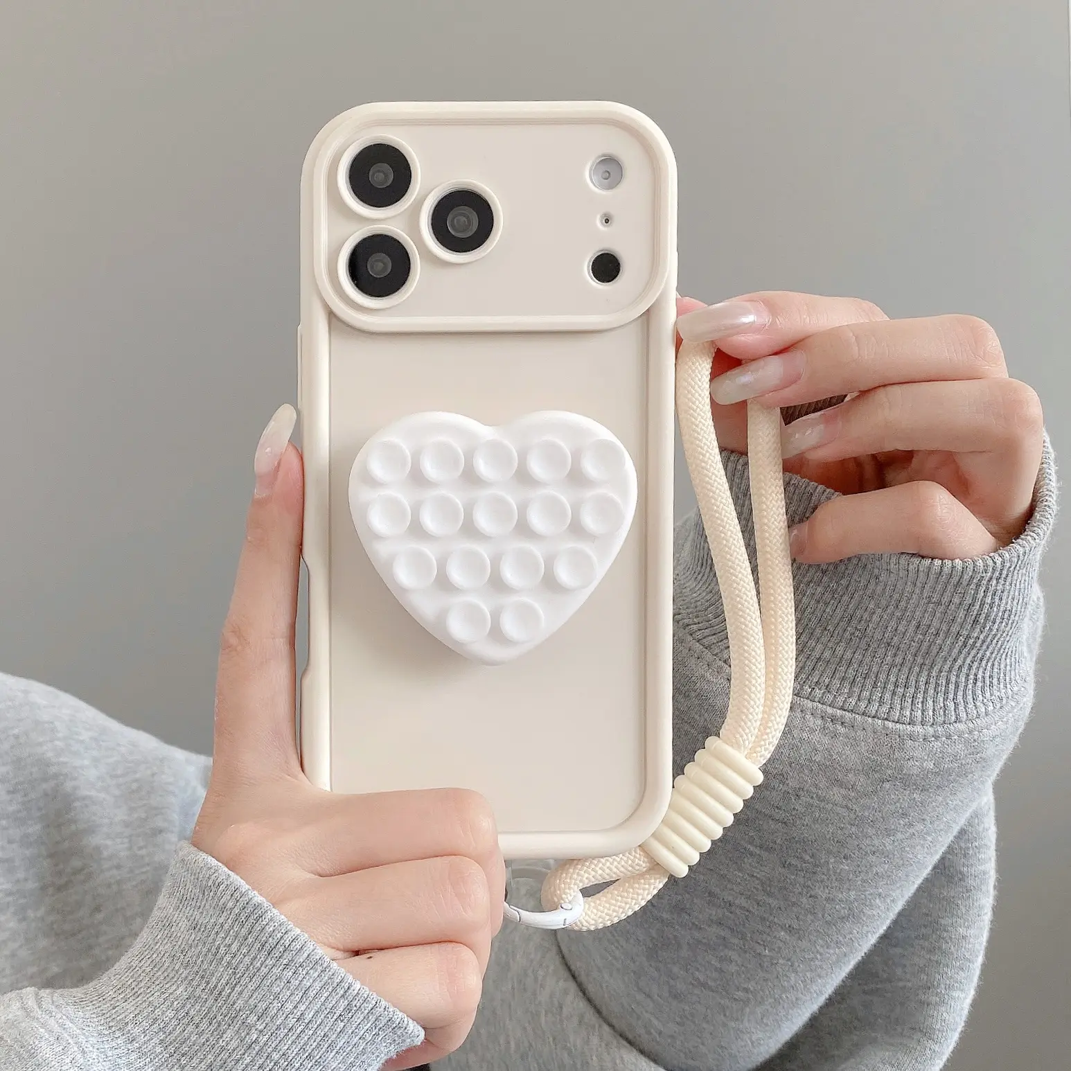 Phone Case: White matte full-coverage soft case with 3D heart suction cup stand, compatible with iPhone 11/11 Pro Max/12/12Pro/12Pro Max/13/13Pro/13Pro Max/14/14Plus/14Pro/14Pro Max/15/15Plus/15Pro/15Pro Max/16/16Plus/16Pro/