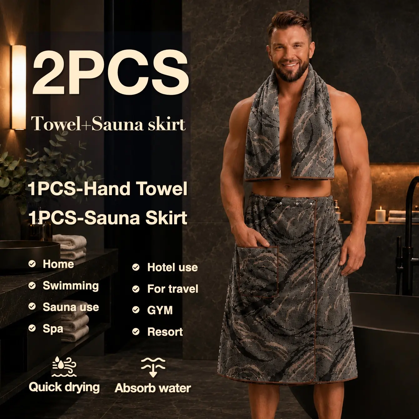 Men's Adjustable Bathrobe Set, Thick Coral Fleece, Quick-Dry, Anti-See-Through, Pocket Included, Hotel Spa Grade, Home, Gym, Beach, Travel