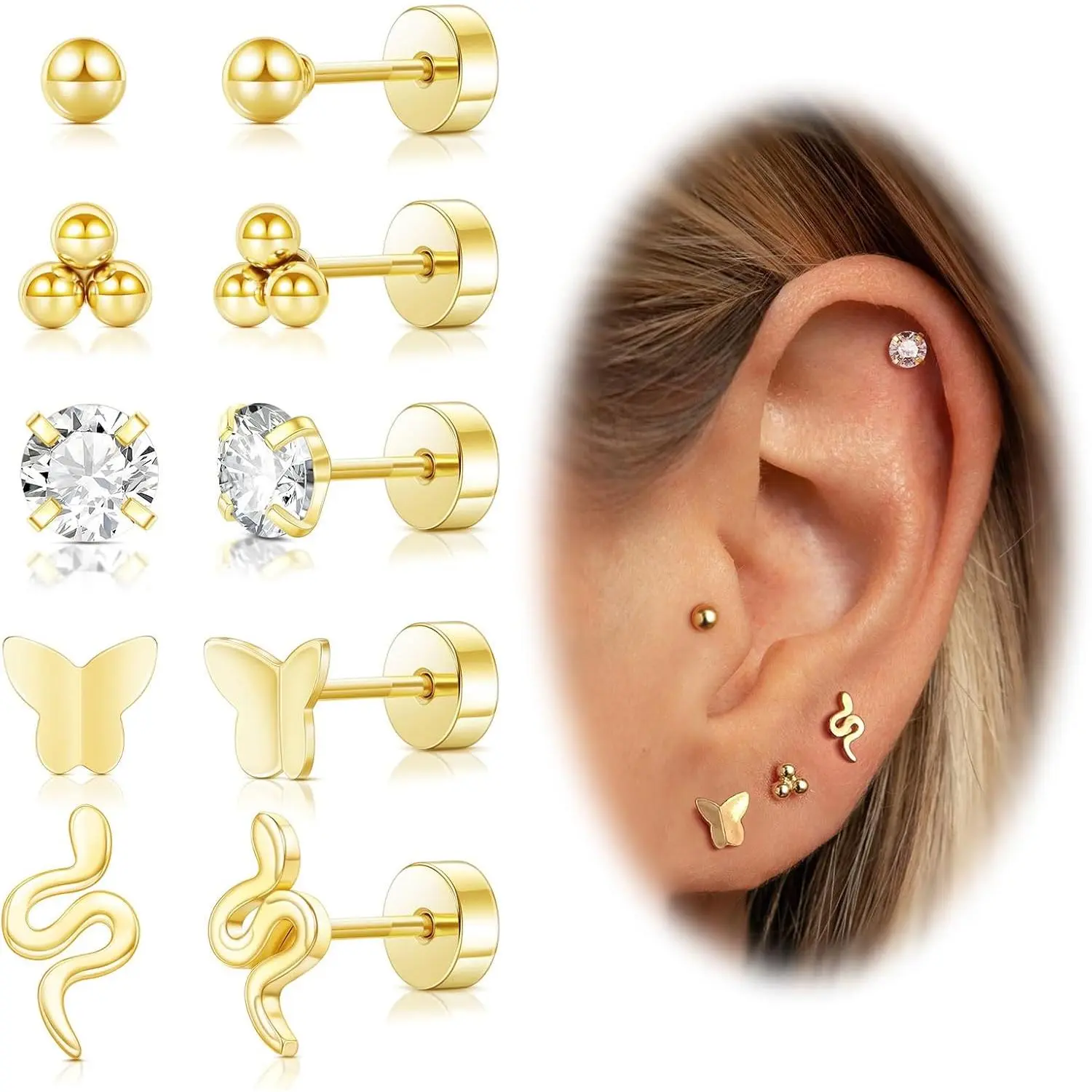 Screw Back Earrings for Women,14K Gold Flat Back Stud Earrings Hypoallergenic Surgical Steel Small CZ Stud Heart Bar Bow Cartilage Earring Set for Tragus Helix Multiple Piercing