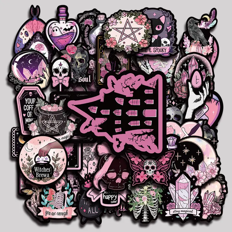 50PCS Black Pink Gothic Aesthetic Vinyl Stickers Pack for Laptop Water Bottle Phone Case Skateboard Journal Scrapbook DIY Decoration
