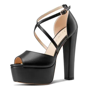 Womens Platform Chunky Block Heel Sandals Peep Open Toe High Heels Cross-Strap Wedding Ankle Strap Dress Shoes 5.9 Inches Heels wide feet
