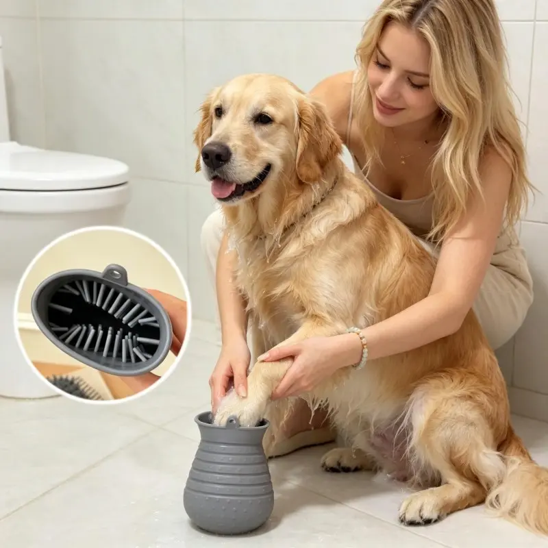 Dog Paw Cleaning Shower Brush 2-In-1 Portable Pet Foot Washer, Soft Massage Brush, Easy Carry with Hook, Suitable for Most Dogs and Cats