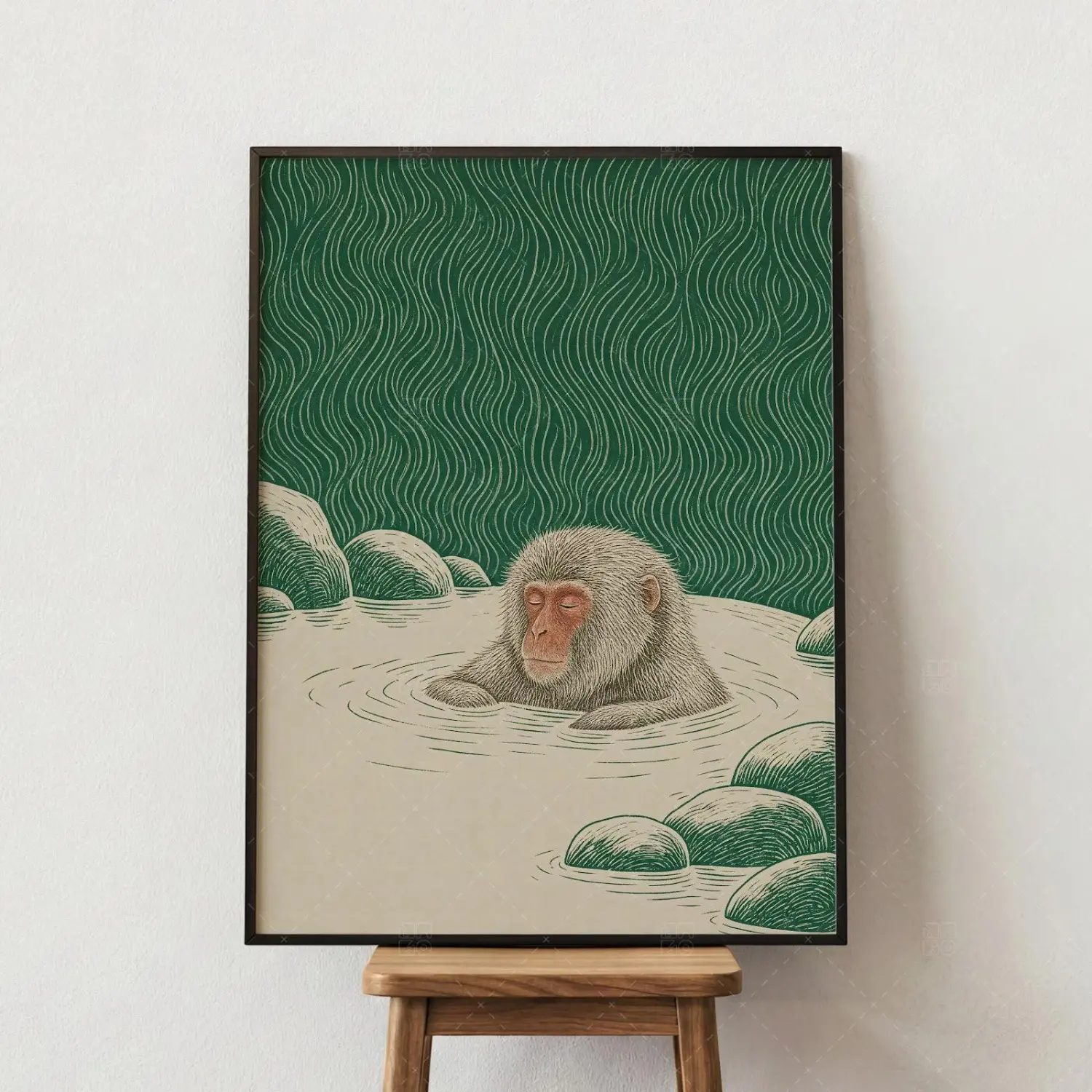 Japanese Snow Monkey Onsen Print, Vintage Woodblock Style Wall Art, Green Macaque Hot Spring Poster, Zen Japandi Home Decor