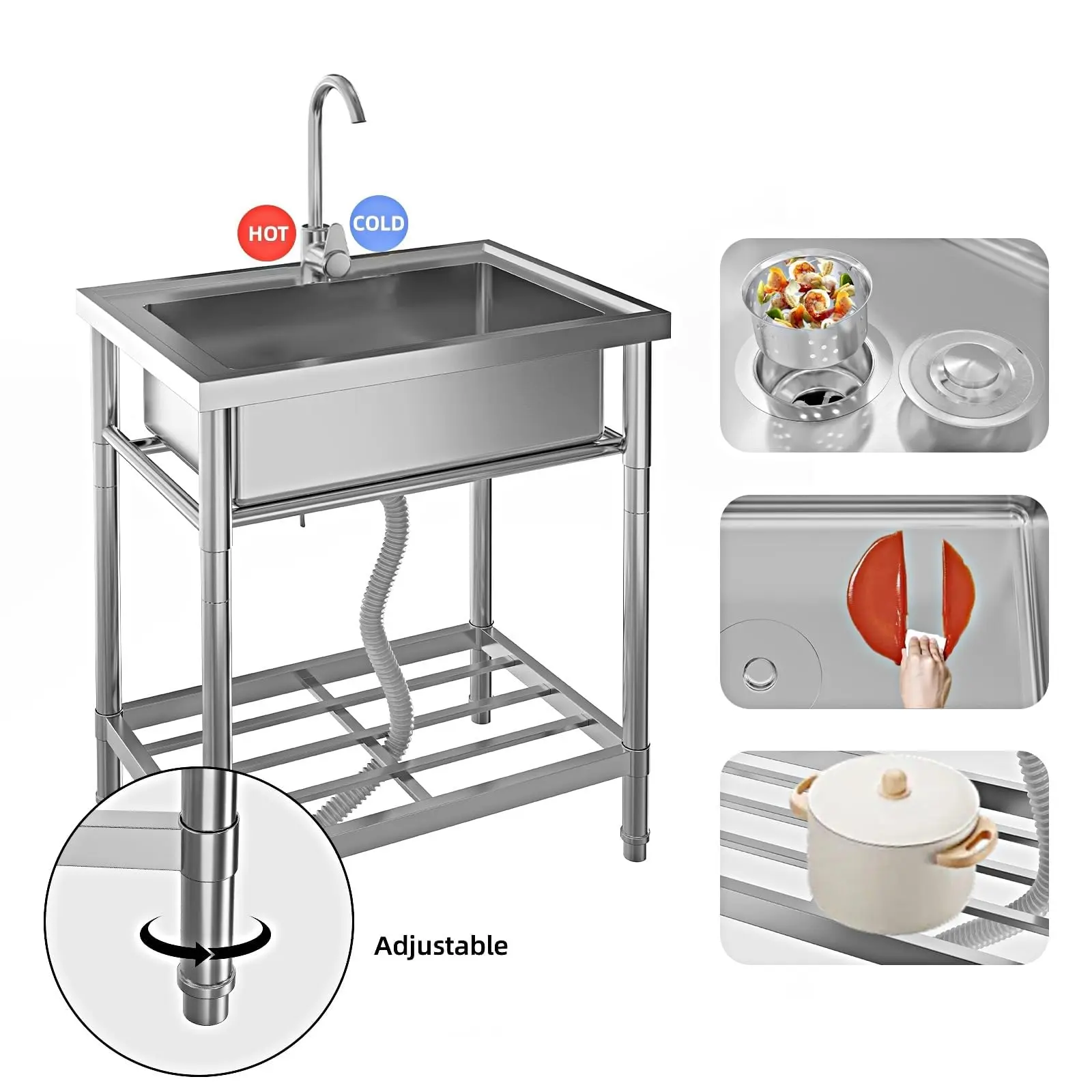 Freestanding Stainless Steel Single Bowl Utility Basin with Hot and Cold Water Supply Lines for Commercial Kitchen and Laundry Indoor Outdoor Use