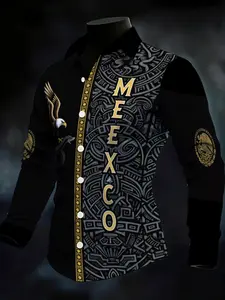Men's Long Sleeve Shirt with Mexican Cultural Totem Print Eagle and Snake Pattern Black Base with Gold Letter Decoration Fashion Casual Top, Casual Style Graphic, Football Game Day Casual Outfit For Mexican FansSoccer Fan Ethnic Retro Printed For Party