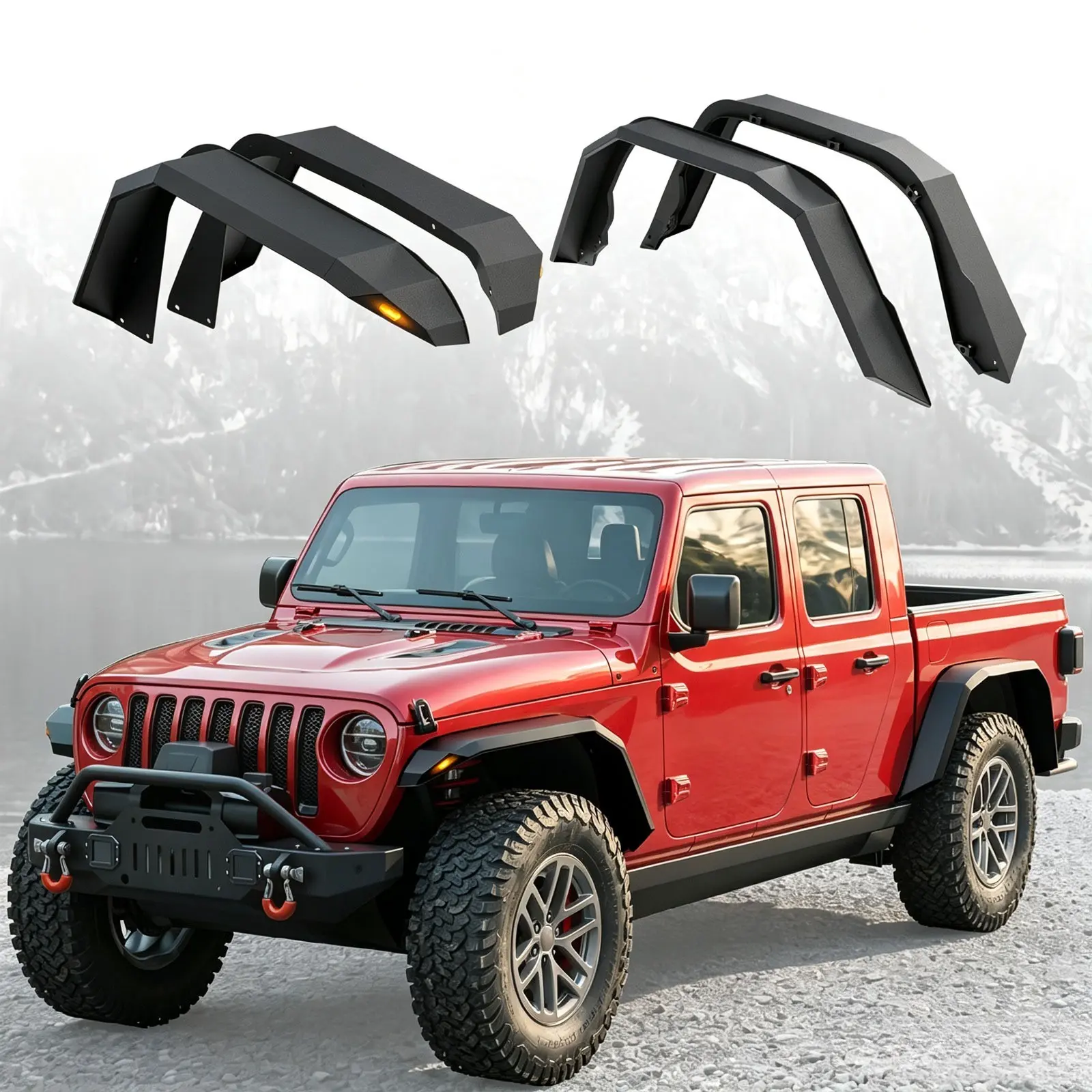 Flat Steel Fender Flares Front Rear 5.9/5.3" LED For 20-26 Jeep Gladiator JT