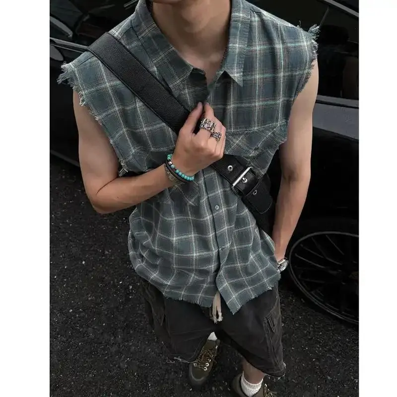 Mens Sleeveless Plaid Shirt Casual Street Style Summer Wear With Frayed Edges And Button Front Design
