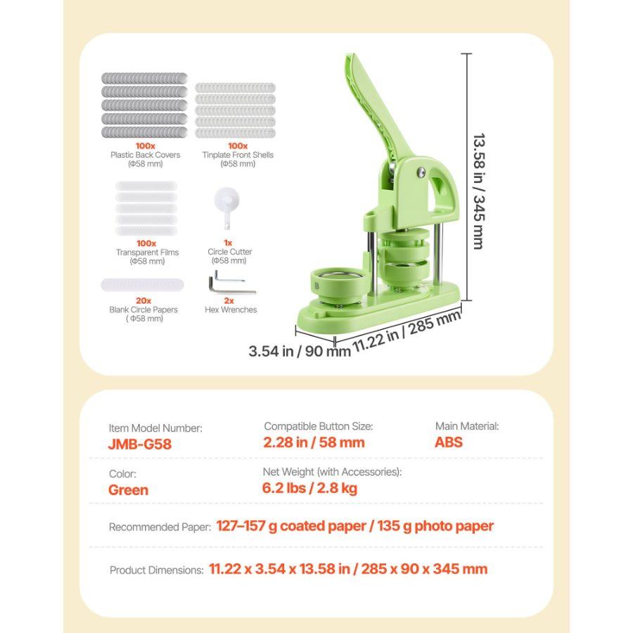 VEVOR Button Maker Machine, 2.28 in, Plastic Pin Maker with 100pcs Button Parts, Circle Cutter and Hex Wrenches, Reinforced Ergonomic Handle, for DIY Badges, Personalized Pins and Key Chains, Green
