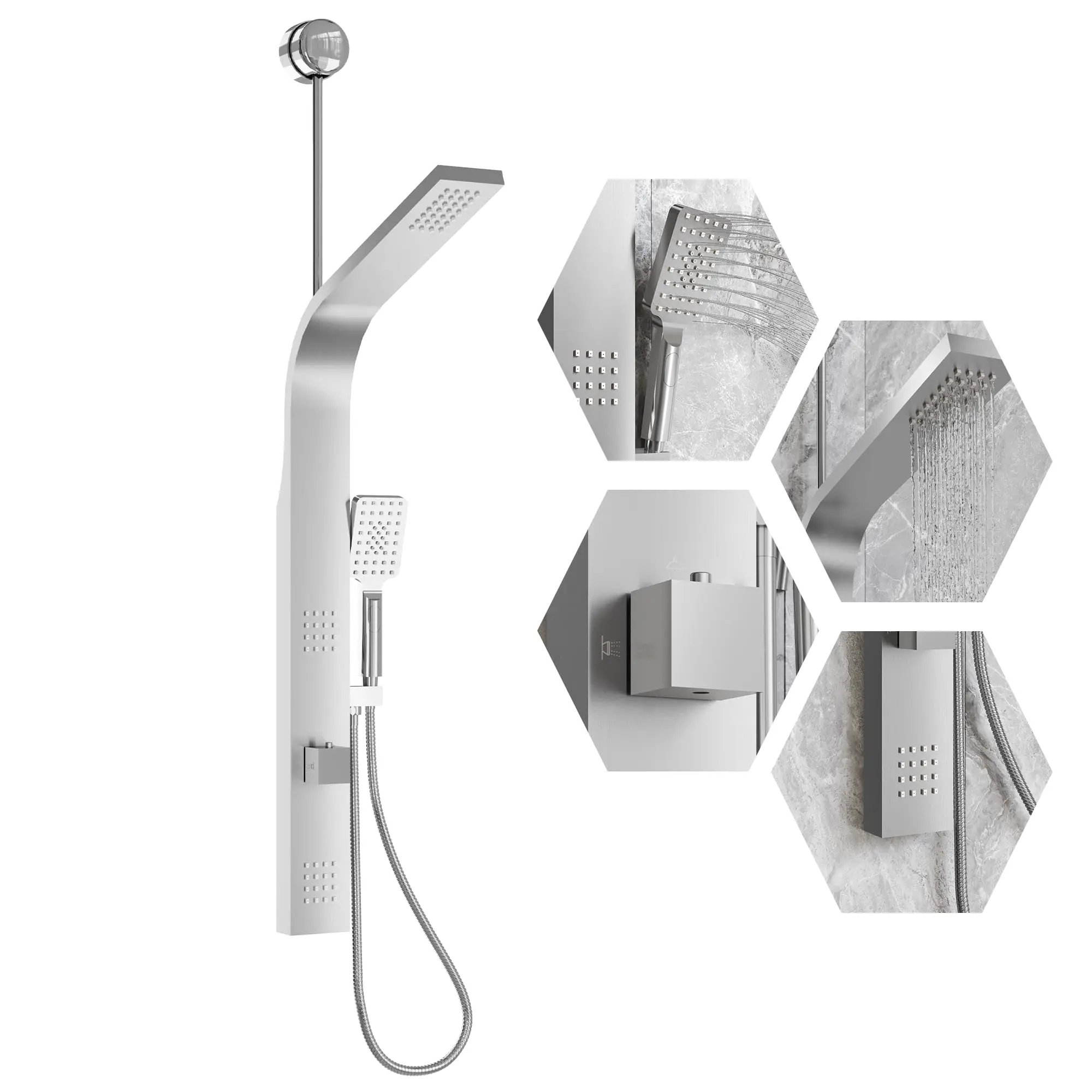 Brushed 304 Stainless Steel Shower Panel Tower with Square 3-Function Handheld Spray, Wall-Mounted