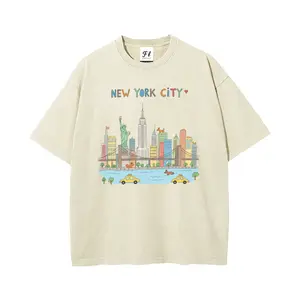Unisex NEW YORK CITY Hand Drawn City Landmark With Taxi And Dog Graphict Washed T-Shirt Personalized Pattern Y2k Clothing Round Neck Washed T-Shirt,Women's Clothing 100% Cotton, Menswear, Top, Vintage Style,Summer Casual Oversized