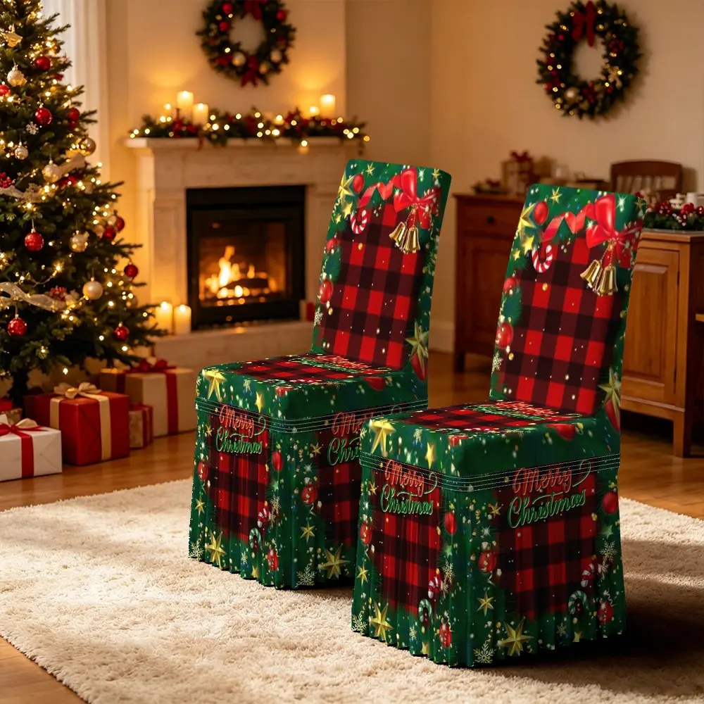 2/4/5/6/7 PCS Ruffled Chair Cover Set, Christmas Table Decor Kit, Ruffled Skirt‑Style Chair Covers + Tablecloth, Merry Christmas Red‑Black Plaid Printed Skirt Chair Cover & Tablecloth Set, Holiday Party Dining Room Home Decor