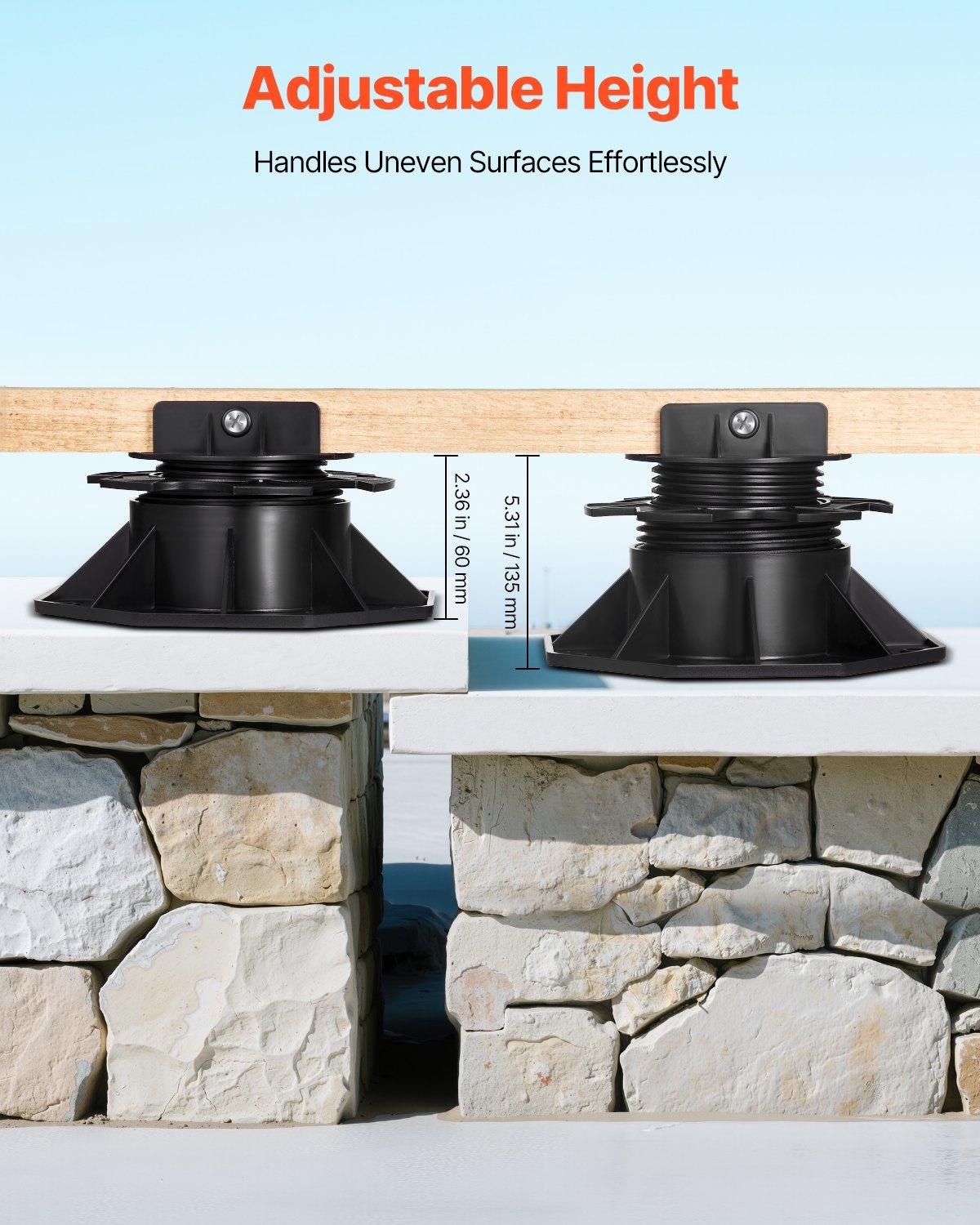 VEVOR Deck Blocks 24 PCS, 2000lbs / 907.18kg Load Capacity Deck Support Plastic Pedestal Paver, Raising 2.36 - 5.31 inch / 60 - 135 mm, Height Adjustable Shed Foundation Base for Wood Concrete Metal VEVOR Deck Blocks 24 PCS, 2000lbs / 907.18kg Load Capacity Deck Support Plastic Pedestal Paver, Raising 2.36 - 5.31 inch / 60 - 135 mm, Height Adjustable Shed Foundation Base for Wood Concrete Metal