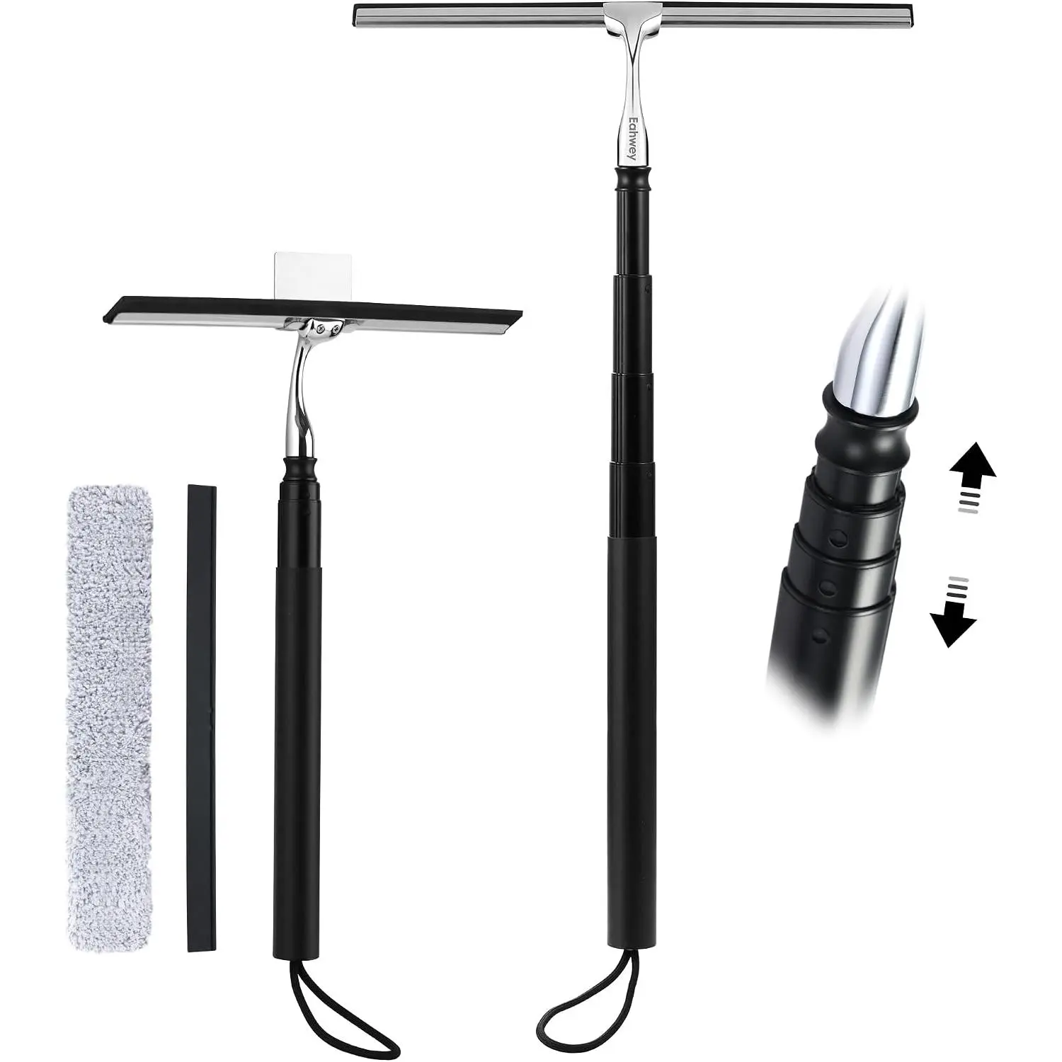 12-51’’ Telescopic Window Squeegee for High Windows, 2-in-1 Window Cleaning Kit with Extra Silicone Blade & Hook, Professional Squeegee for Shower Glass Doors (Window Squeegee for Home)