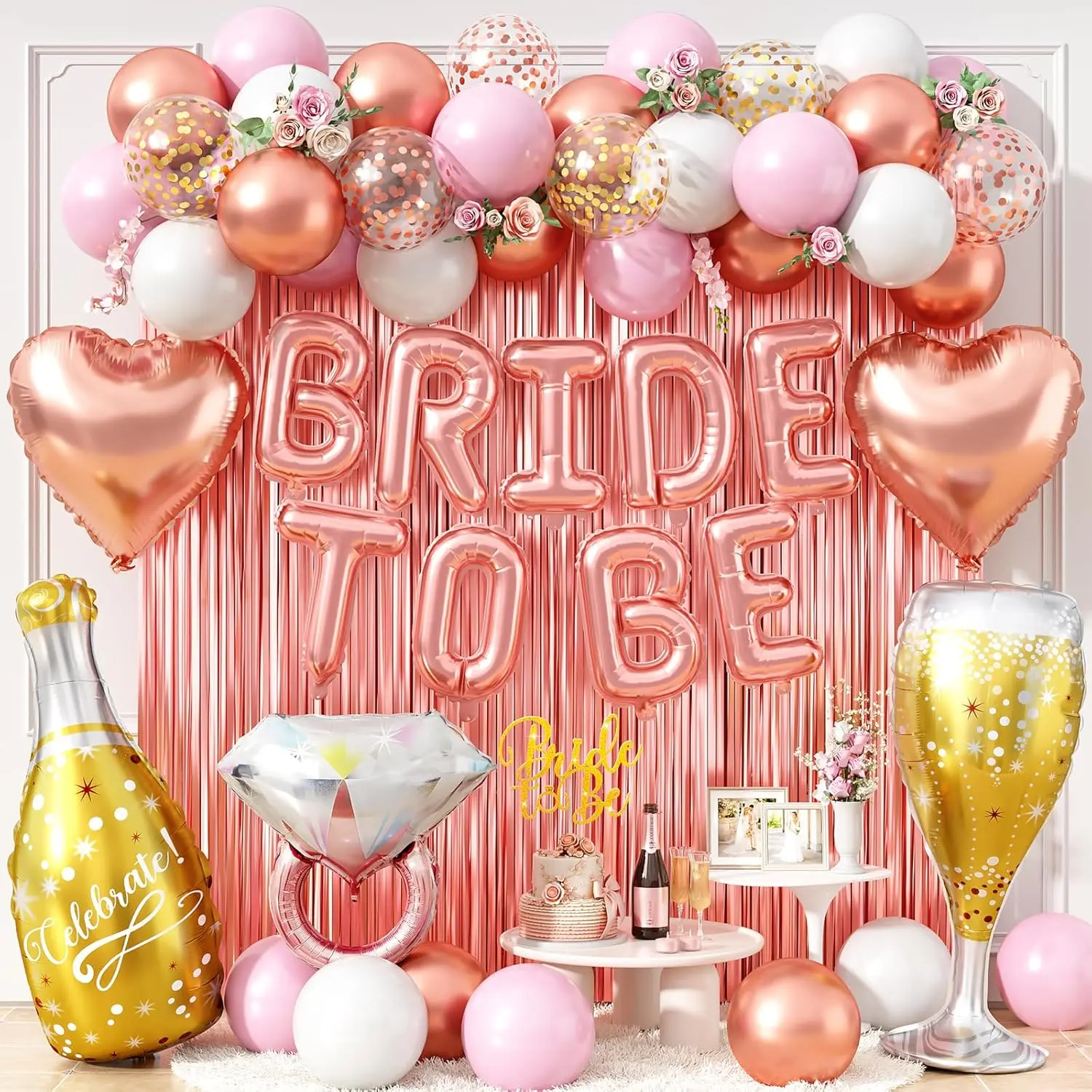Rose Gold Bachelorette Decor Kit - Bridal Party Supplies, Balloon Set, Banner, Cake Topper, Foil Curtain for Bridal Shower, Engagement Party