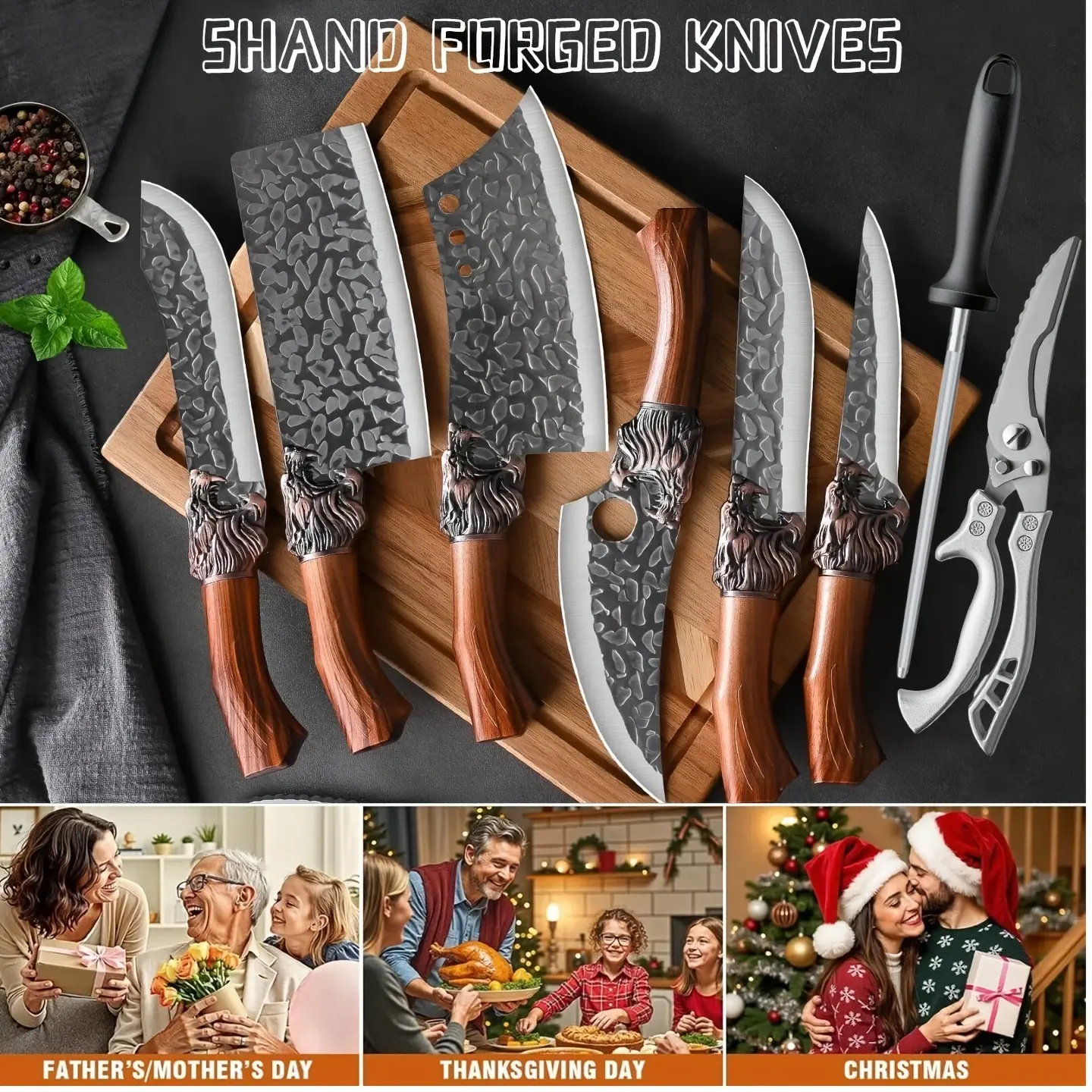 8-Piece Kitchenware Knives Set, Brown Wooden Handle Hand-Forged Damascus-Style Stainless Steel Cooking Knives, V-Shaped Sharp Edge, Suitable for Meat, Vegetables, Home Cooks & Professional Chefs