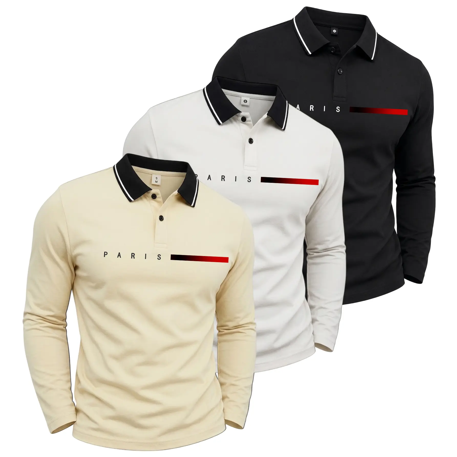 3 Pack Men's Spring And Autumn Lightweight Cotton Paris Letter Print Polo Shirt Lapel Long-sleeved T-shirt  Button Up Simple Retro Tipped Collar Casual Wear Daily Outdoor Sports Business Outdoor Running Wear Tops Menswear Golf Office Workwear Layering Top