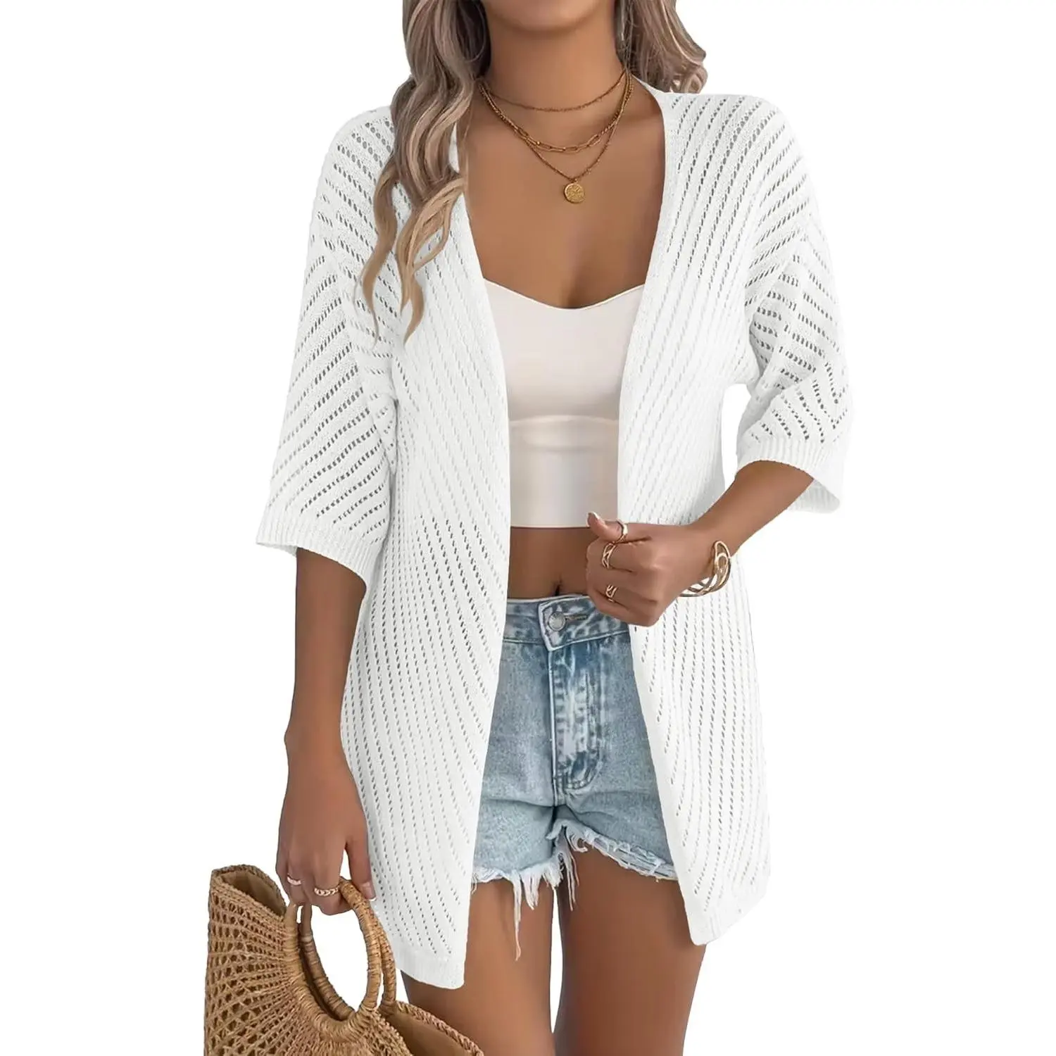Women's Lightweight Summer Cardigan Short Sleeve V Neck Crochet Kimono Loose Open Front Hollow Out Cover Up(Gift)