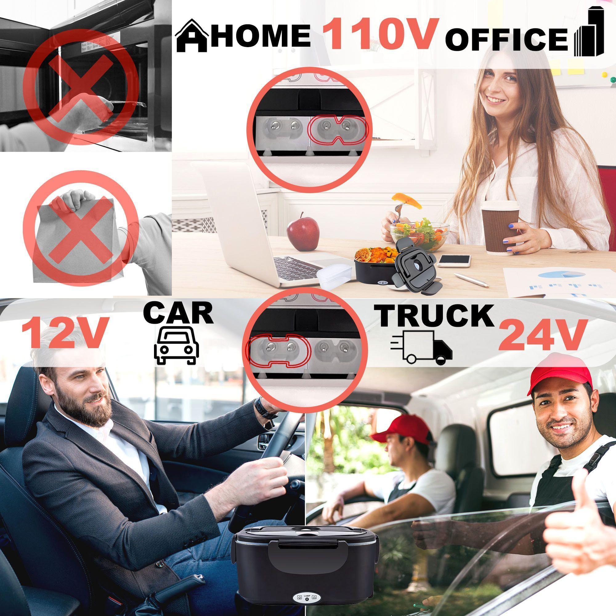 Electric Lunch Box Food Heater 80W，12V/24V/110v Self Heating LunchboxFor Work/Car/Truck with insulated Bag，1.5/1.8L,dealsforyoudays