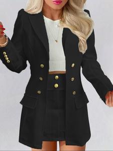 two-piece set women's solid puff long sleeve blazer & pocket skirt set, elegant lapel neck fake buttons & pocket decor outerwear & short skirt for work office business, ladies fall & winter clothes, womenswear