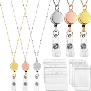 Retractable Badge Reel Lanyard with ID Holder, 3 Count Beaded Badge Lanyard Necklace with 6 Waterproof Name Card Holder Stainless Steel ID Holder Necklace for Women Men