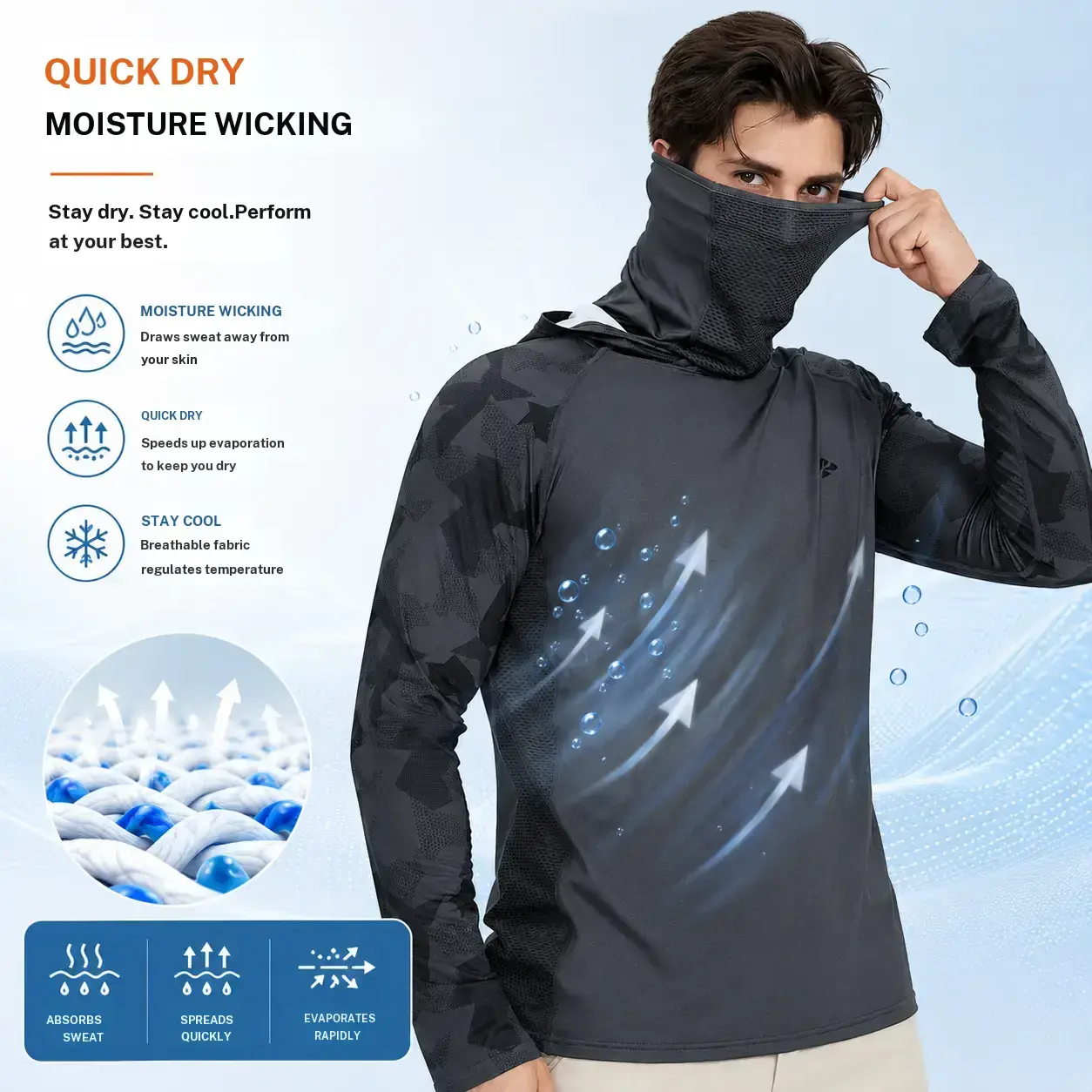 【RODEEL】915 Sun Hoodie Shirts w/ Mask Neck Gaiter Men UPF 50+ UV Protection Long Sleeve Lightweight Quick Dry Moisture Wicking Breathable Athletic Activewear for Outdoor Fishing Boating Hiking Construction Roofing Landscaping SummerWins
