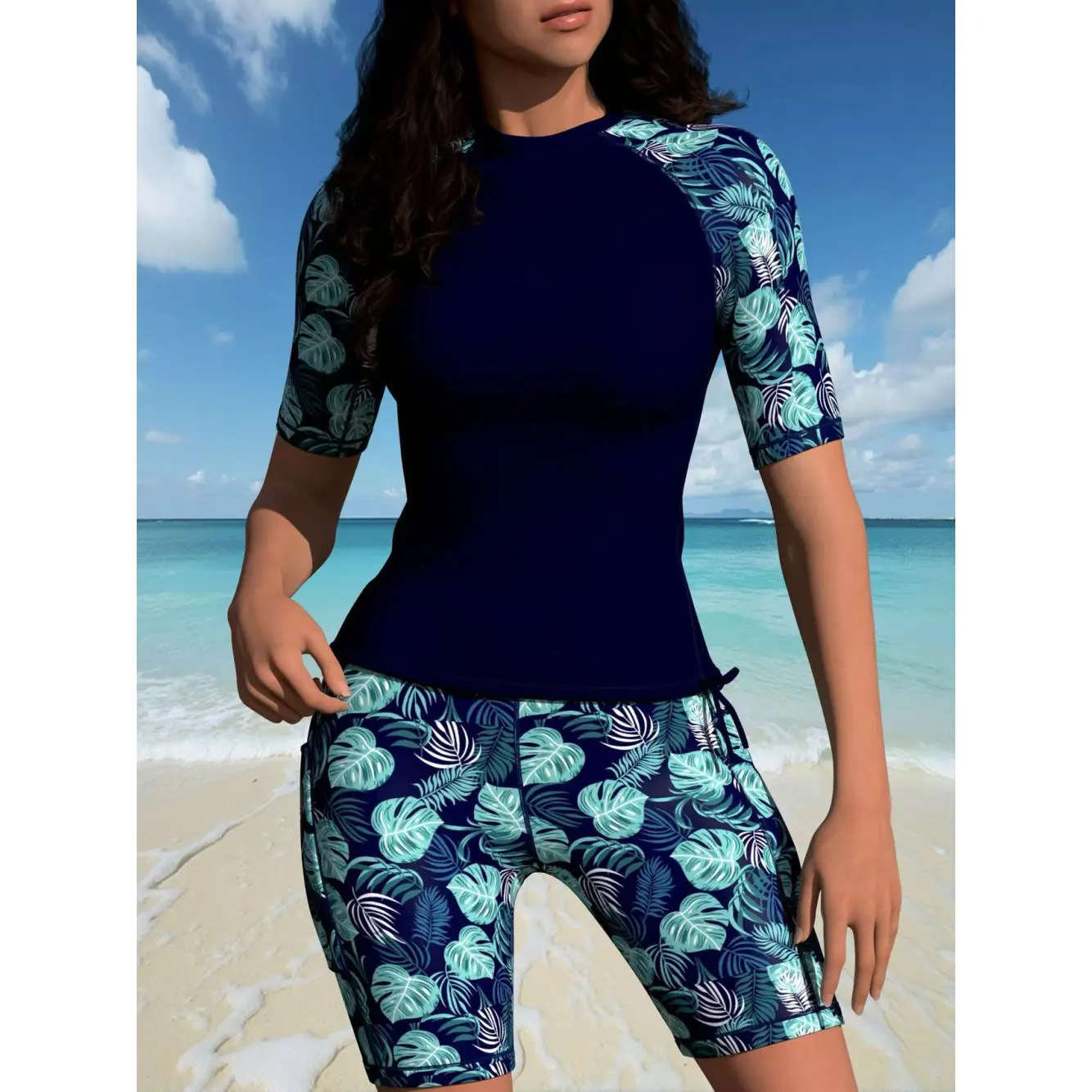 Women's 2-Piece Rash Guard Tankini Swimsuit, Tropical Leaf Print, Short Sleeve, Modest Boy Short (Sports & Outdoor Surfwear)