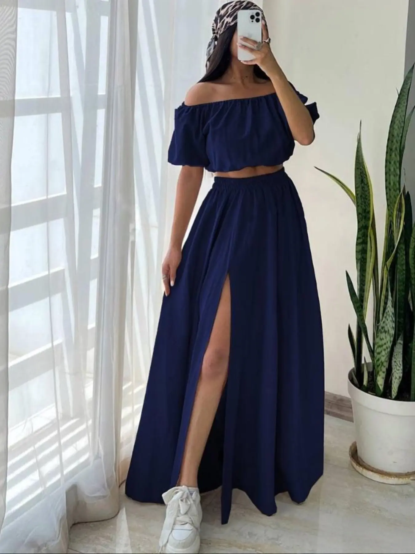 Elegant Women's One-Shoulder Top and Split Skirt Set, Pure Color Fashionable, Perfect for Special Occasions
