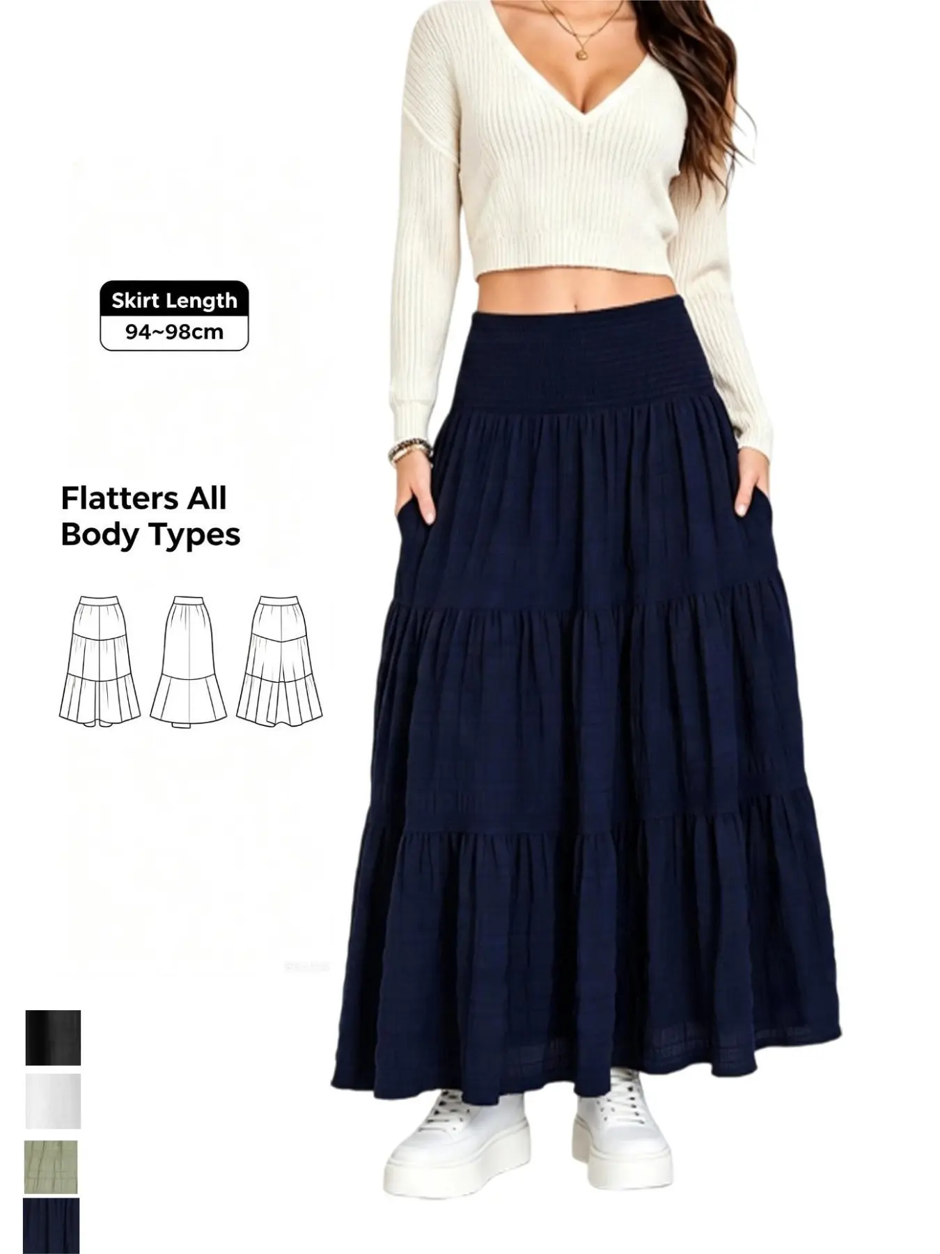 Women's Casual Long Skirt with Pockets, High Waist Loose-Fitting A-Line, Solid Color, All Seasons, Fashionable Daily Wear