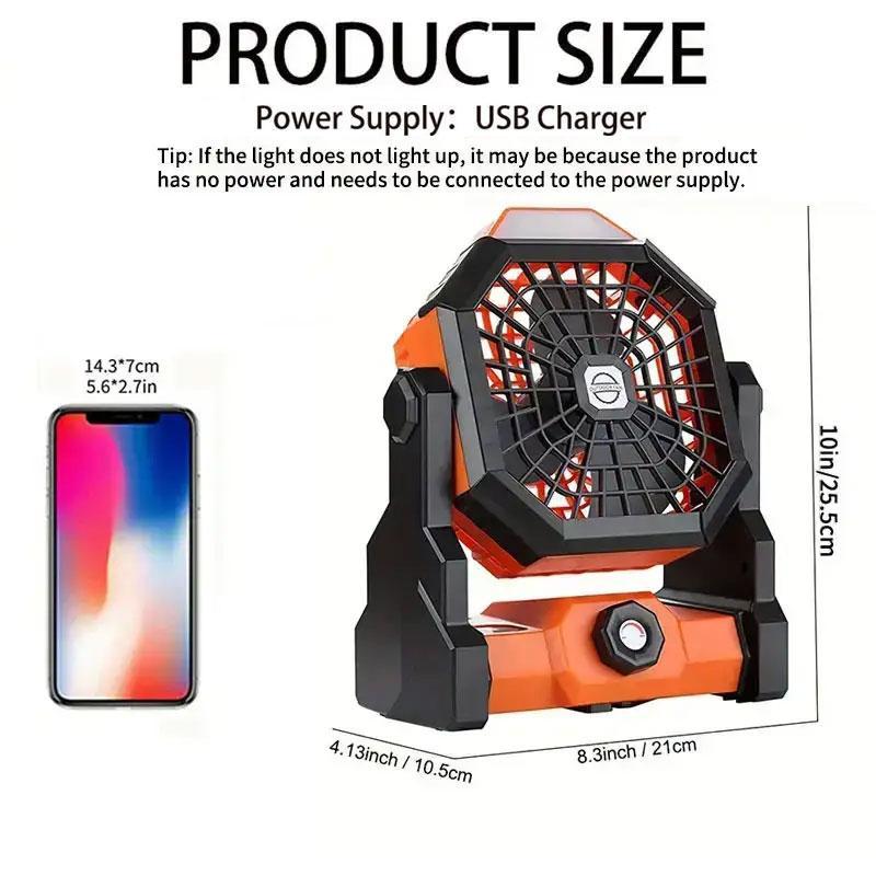 Outdoor Camping Adjustable Fan, Rechargeable Personal Fan with LED Lantern Illumination, Portable 270° Rotation Cooling Fan with Hook for Travel Picnic Fishing