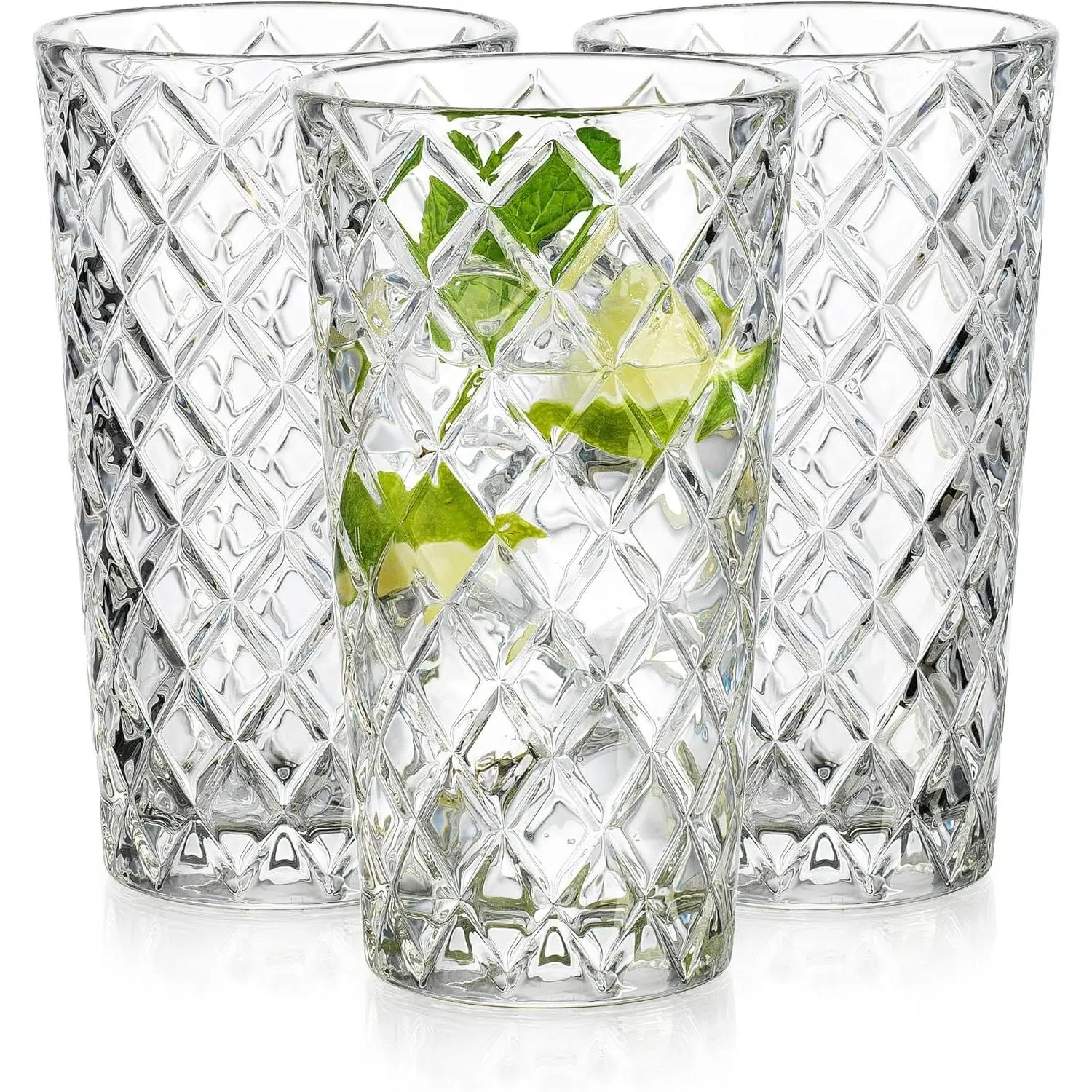 Glaver's 14oz Highball Drinking Glasses Set of 10, Diamond Cut Dishwasher Safe Glass Cups for Cocktail Beer Water Wine Juice Iced Tea Bar Use