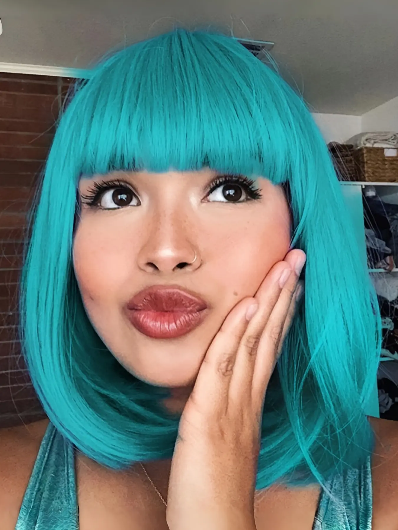 Teal Blue/light purple Bob Wig,  Bluish Short Bob Wigs with Bangs, Straight Wig, Heat Resistant Synthetic, Artificial Wig, No Lace Full Wigs for Women