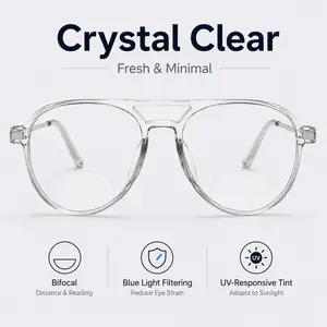 Retro Double-Bridge Aviator Bifocal Readers for Men & Women, Photochromic Blue Light Filtering Glasses for Computer, Phone & Daily Use