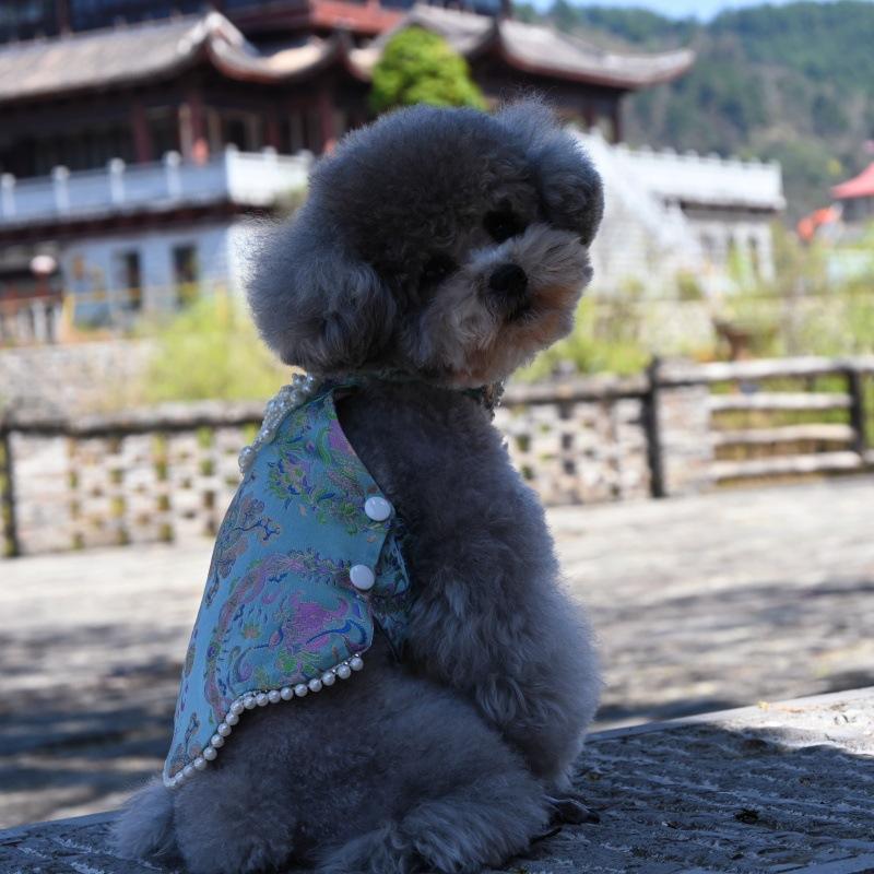 Paws Trendy Pet Spring & Summer Qipao for Dogs & Cats, suitable for Teddy, Bichon Frise and other small dogs. Features embossed fabric with exquisite retro frog buttons, fine workmanship, exuding noble elegance and making your beloved pet stand out.