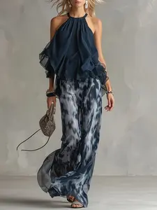 Elegant Urban 3D Cut Backless Halter Top and Print Wide Leg Pants Set, Women's Two-Piece, Stylish Fashion Ensemble