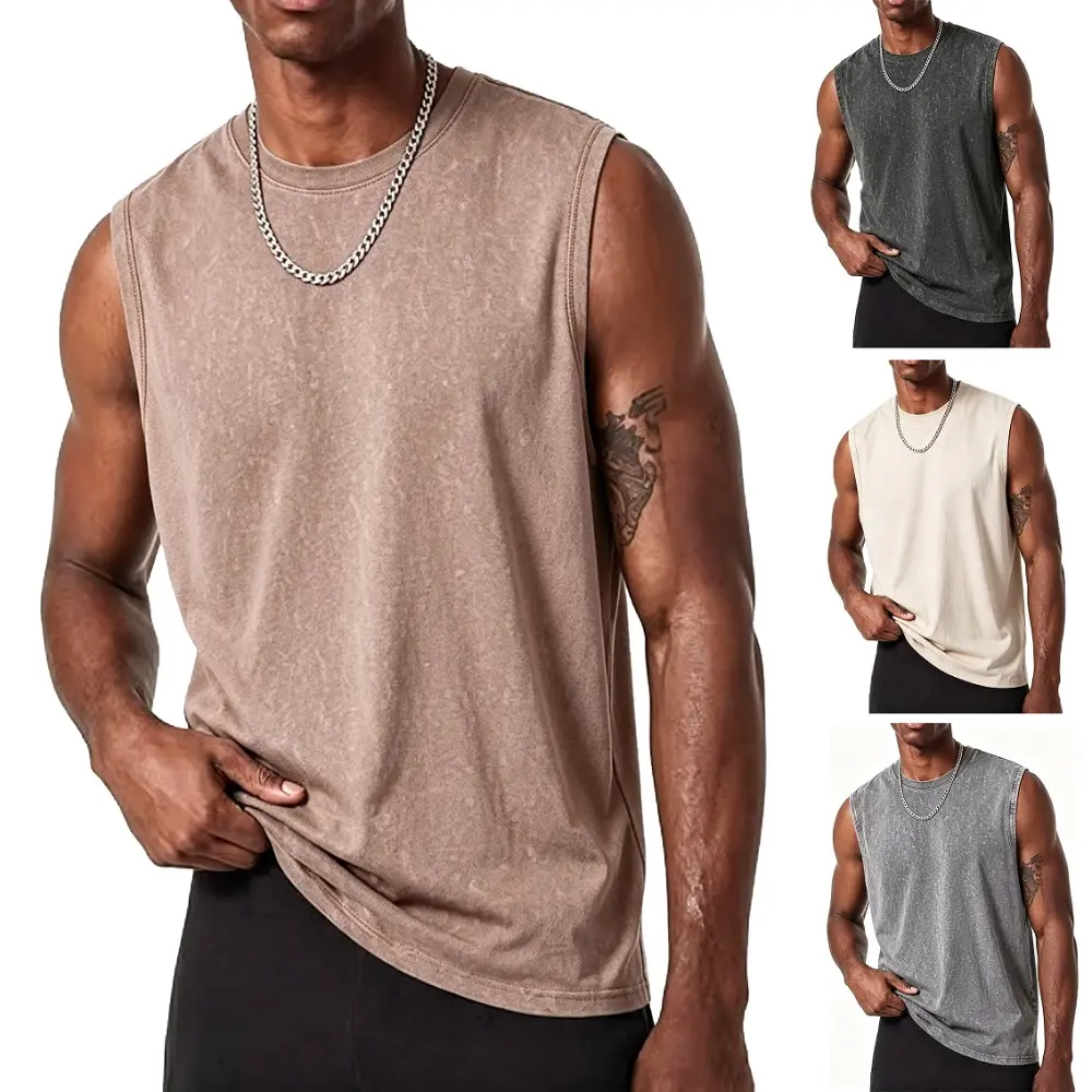Men's 90s Washed Vintage Pure Cotton Sleeveless Round Neck T-Shirt - Streetwear Loose Fitted Cut Muscle Tee for Summer Gym Workout, Beach Holiday