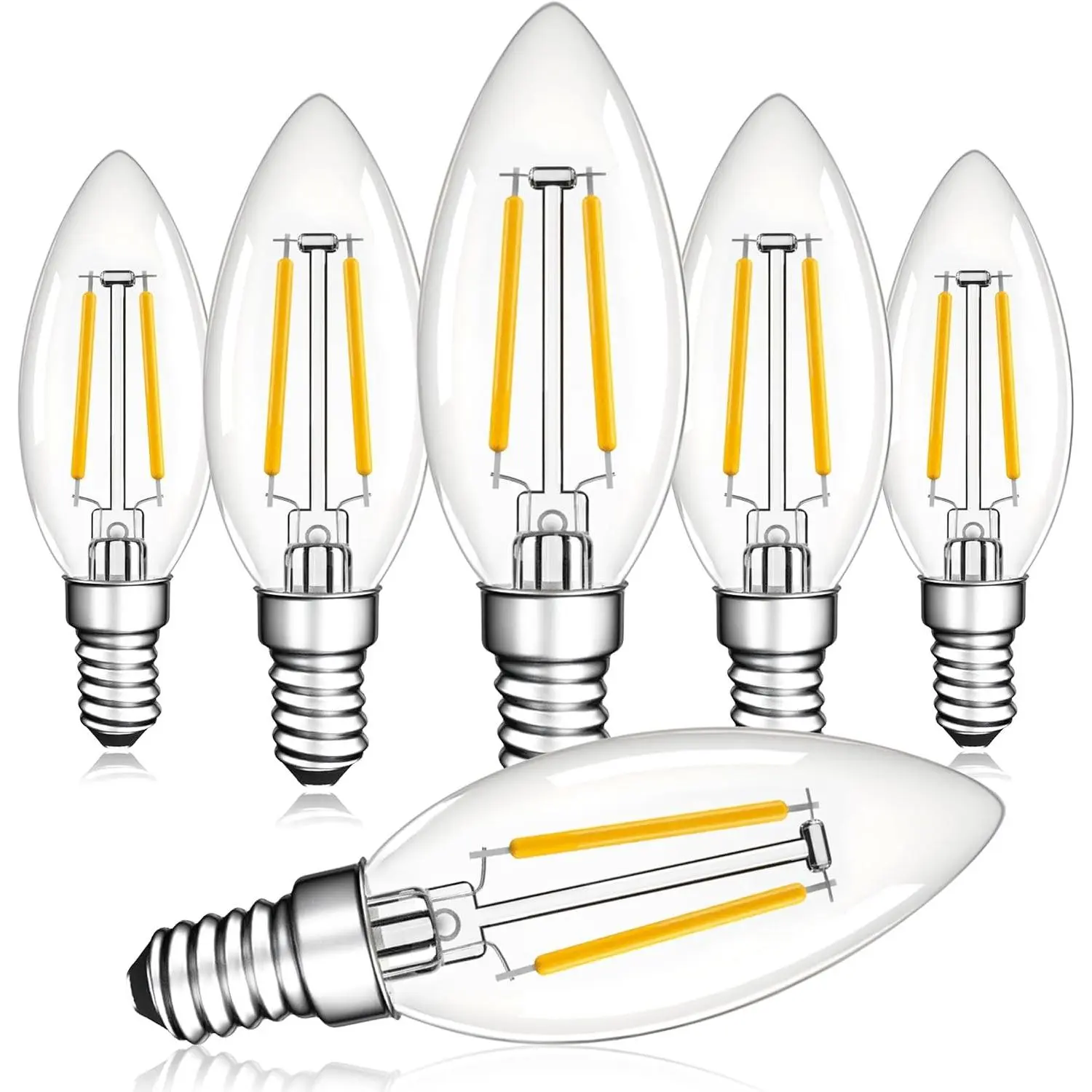 Dimmable E12 LED Bulbs, 25Watt Candelabra Light Bulbs Warm White 2700K, 2W B11 Vintage Chandelier Candle Bulb,Type B Filament Light Bulbs Ceiling Fan,NO Flicker,120V,200LM,6pcs
