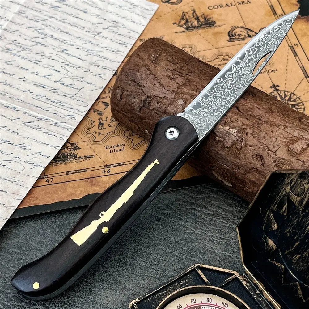 Lightweight Mini Pocket Folding Knife, Damascus Steel Blade, Ebony Wood Handle, Ideal for Outdoor Camping, Fishing, Gift