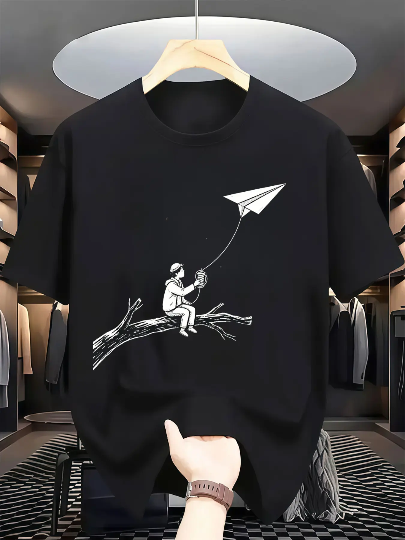 Branch Boy Paper Airplane Print Short Sleeve T-Shirt, Japanese Style Casual Fitted Crop Top, Unisex Loose Fit Tee