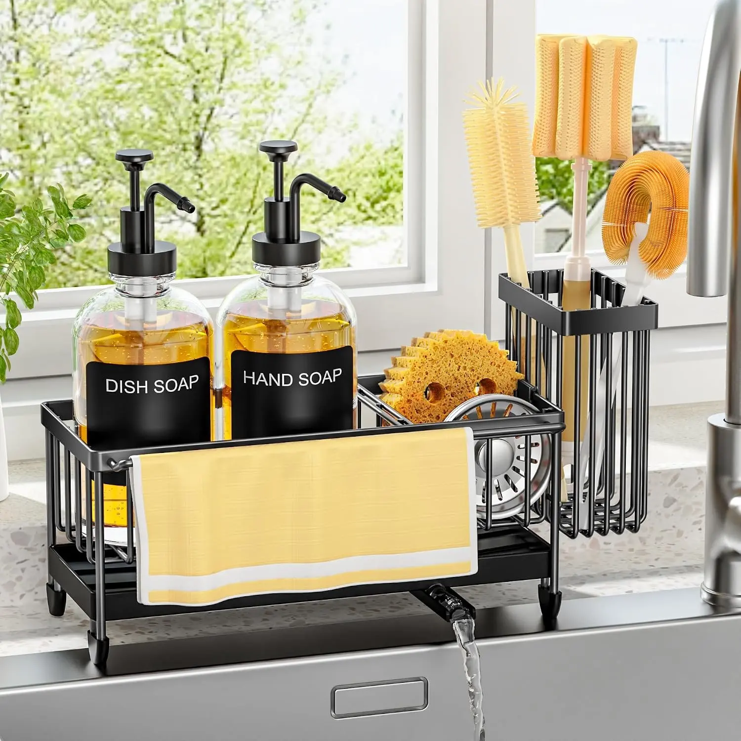Stainless Steel Kitchen Soap Dispenser Set - 17oz Transparent Glass Bottle, Sponge Holder, Towel Rack, Brush Holder, Non-Slip Silicone Pad, Countertop Sink Organizer, Ideal for Hand/Dish Soap, Great Gift