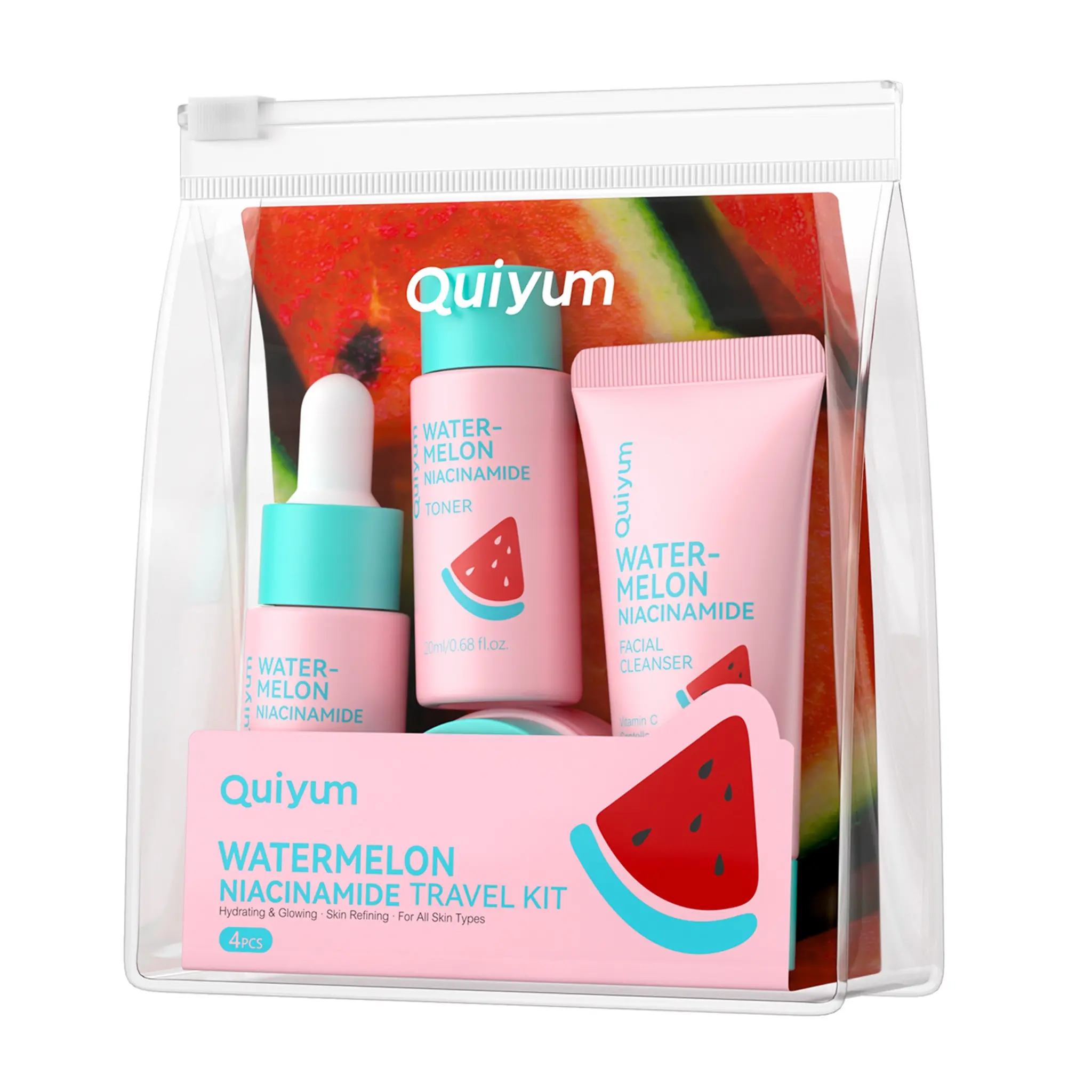 QUIYUM Watermelon Niacinamide Travel Skincare Kit • 4-Step TSA Friendly Glow On-The-Go Flight Essentials Set for Dry Dull Skin & Jetsetters, 4pc Aesthetic Mini Regimen for Student Summer Holiday & Glowing Glass Skin, Brightening Kit