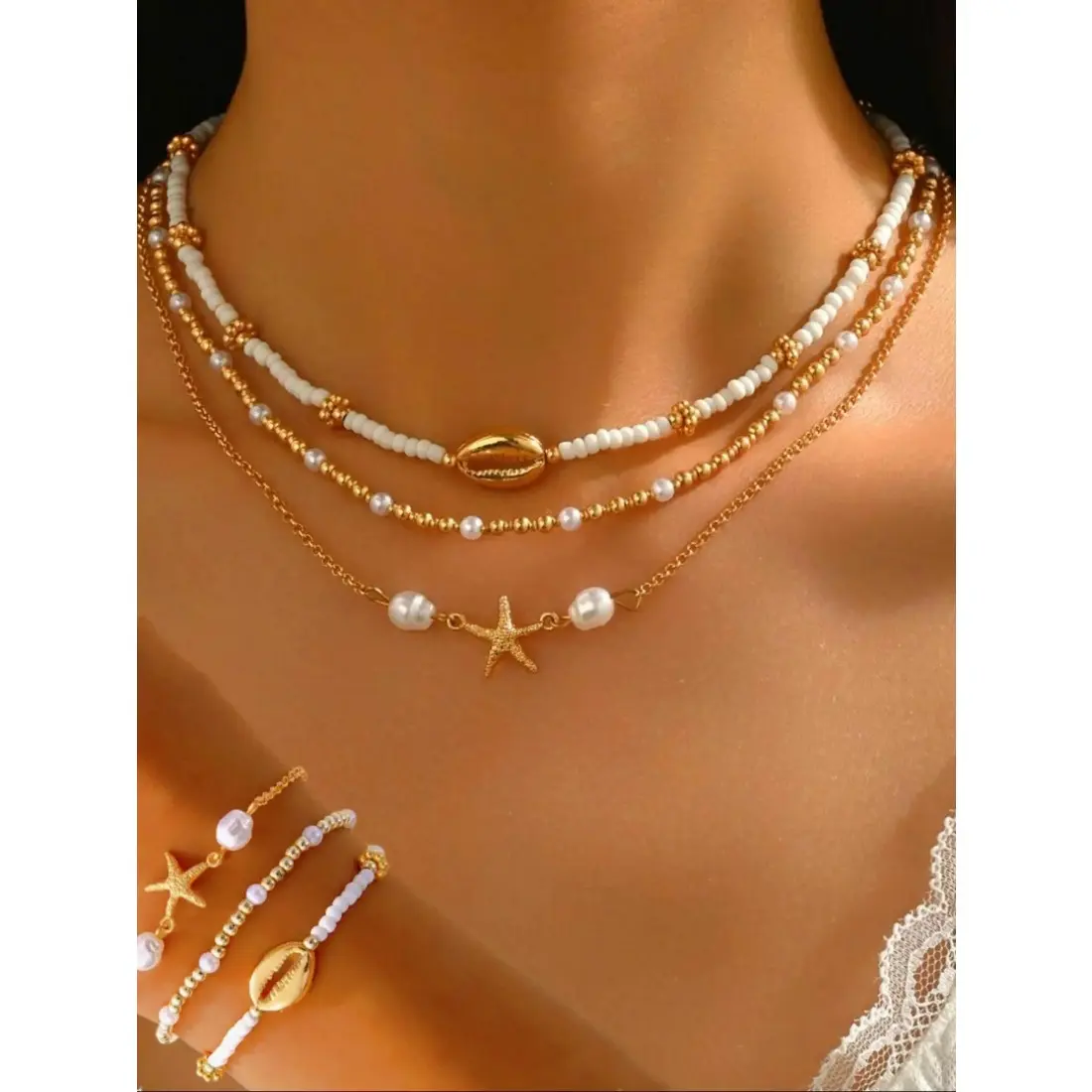 Boho Style Starfish & Shell Design Layered Necklace & Bracelet, Fashion Jewelry for Party, Daily Decor, Trendy All-match & Exquisite Jewelry for Birthday Gift
